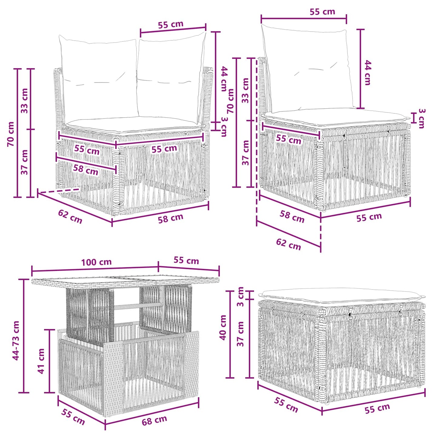 Gartensofa-set 6 stk. Schwarz Poly-Rattan