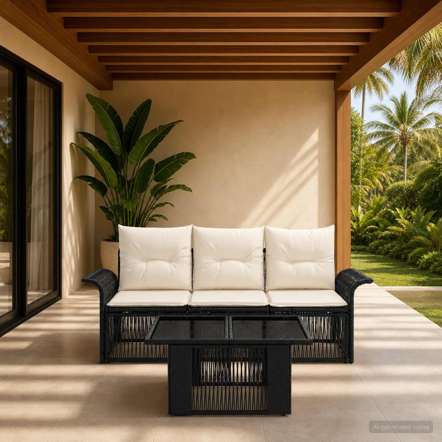 Gartensofa-set 4 stk. Schwarz und Cremeweiß Poly-Rattan