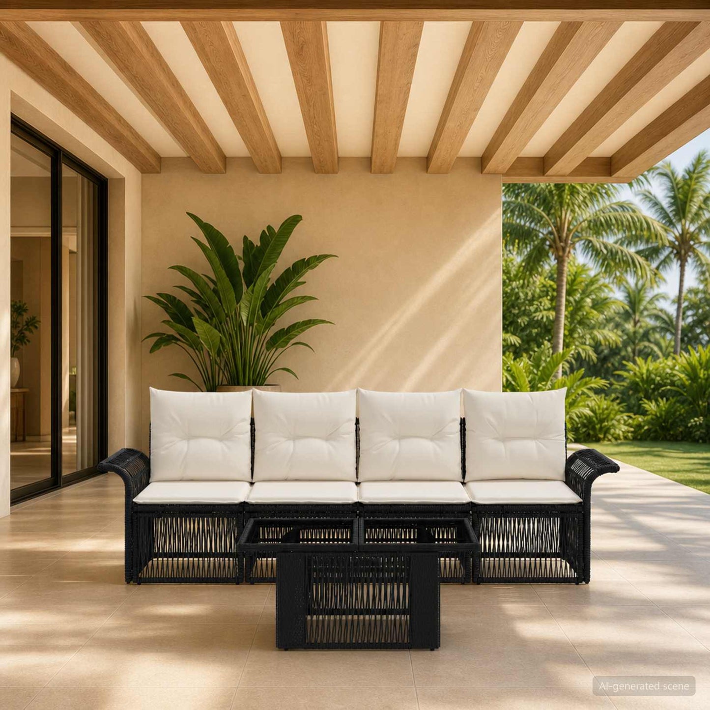 Gartensofa-set 5 stk. Schwarz und Cremeweiß Poly-Rattan