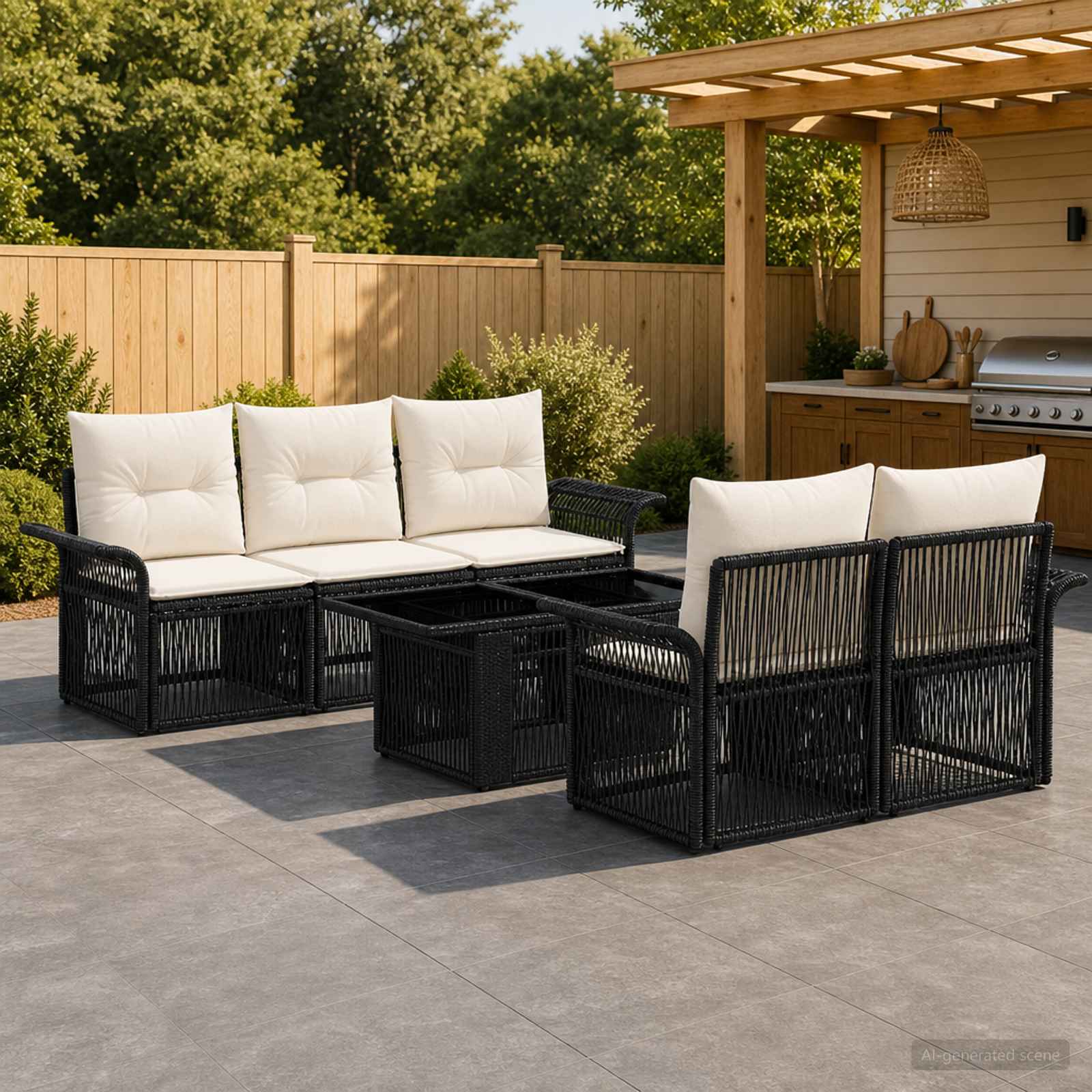 Gartensofa-set 6 stk. Schwarz und Cremeweiß Poly-Rattan