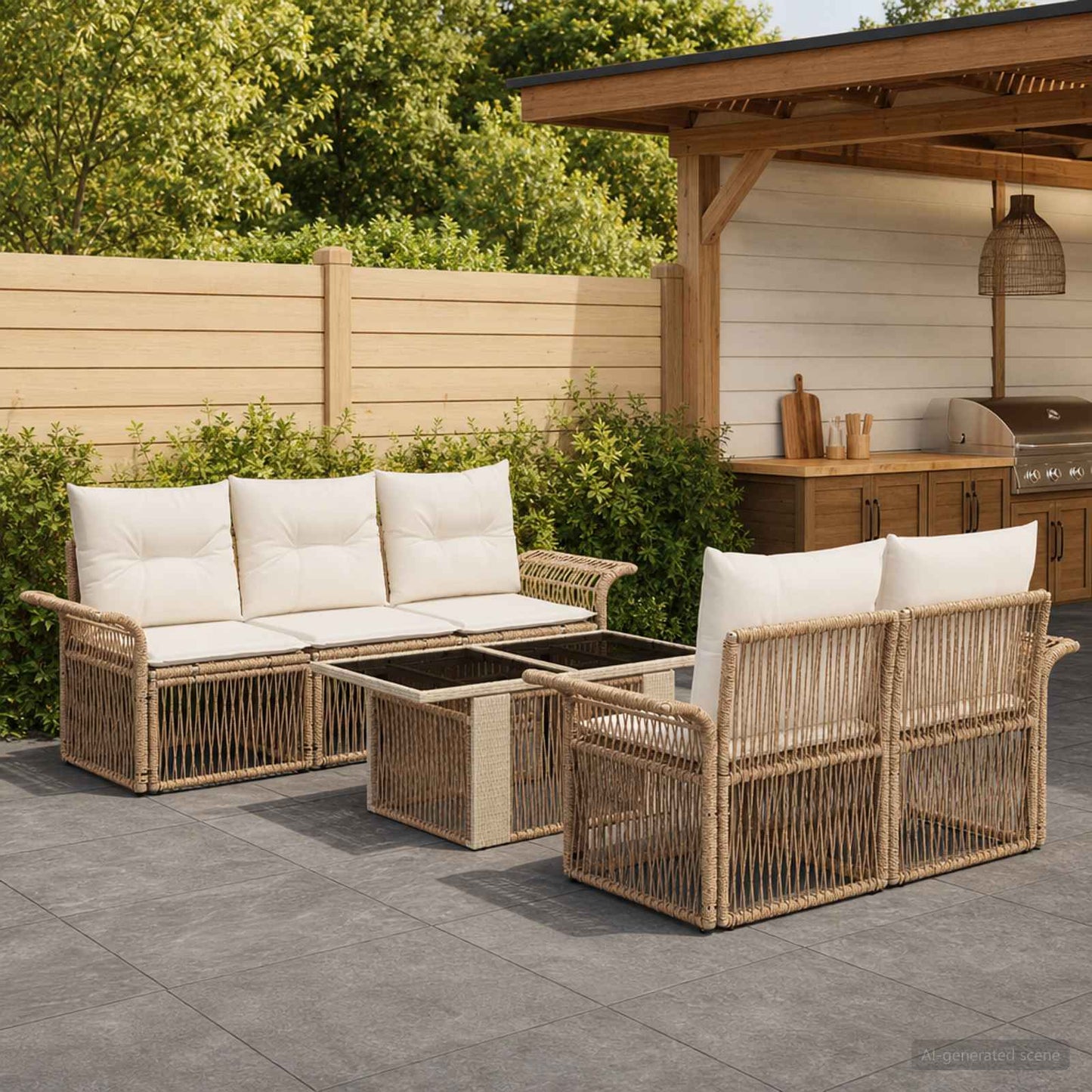 Gartensofa-set 6 stk. Beige und Cremeweiß Poly-Rattan
