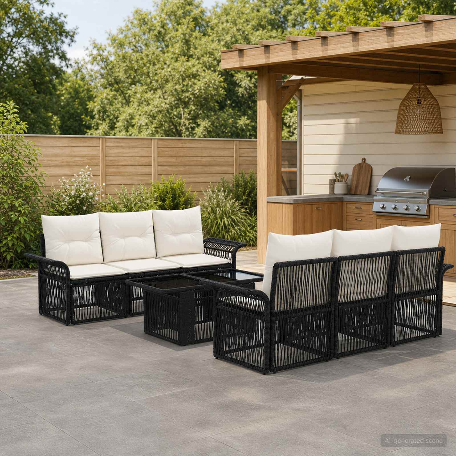 Gartensofa-set 7 stk. Schwarz und Cremeweiß Poly-Rattan
