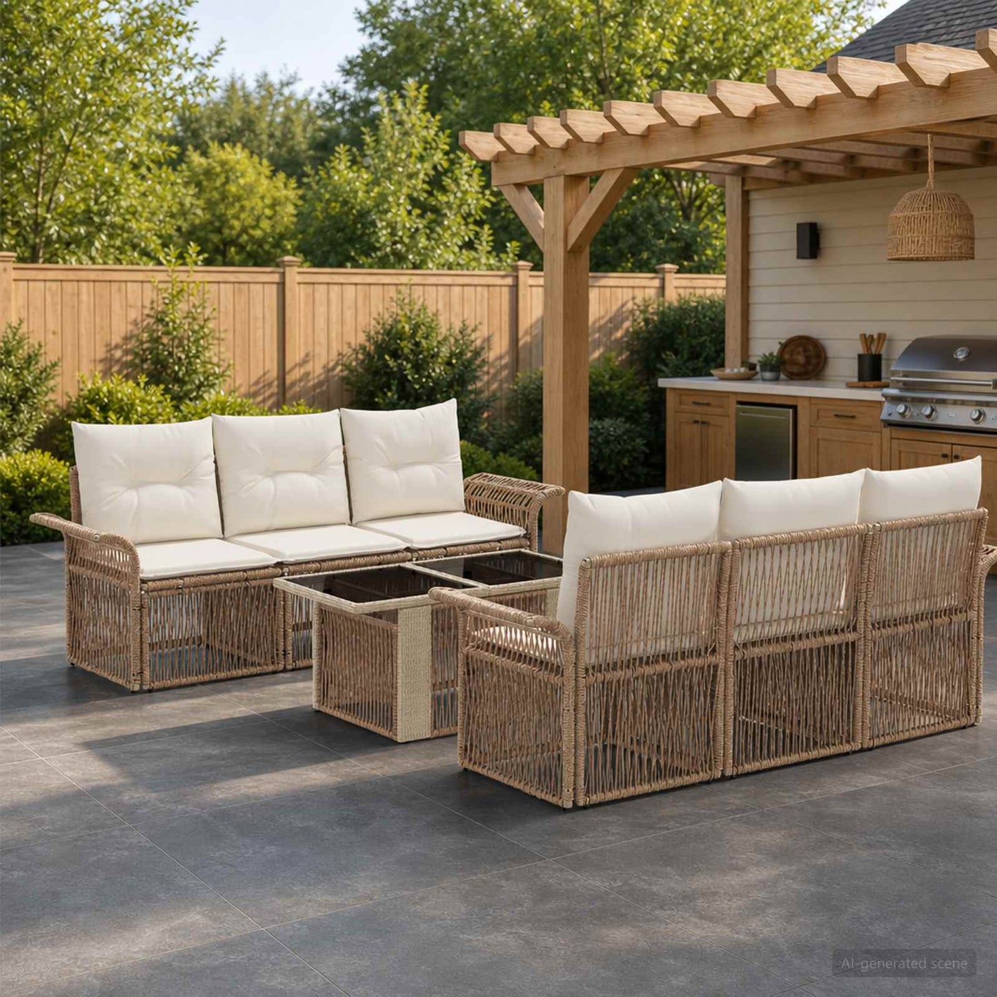 Gartensofa-set 7 stk. Beige und Cremeweiß Poly-Rattan