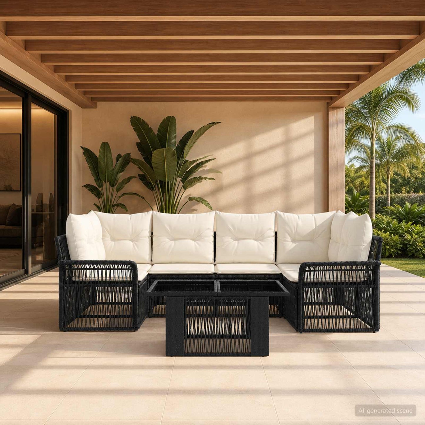 Gartensofa-set 7 stk. Schwarz und Cremeweiß Poly-Rattan