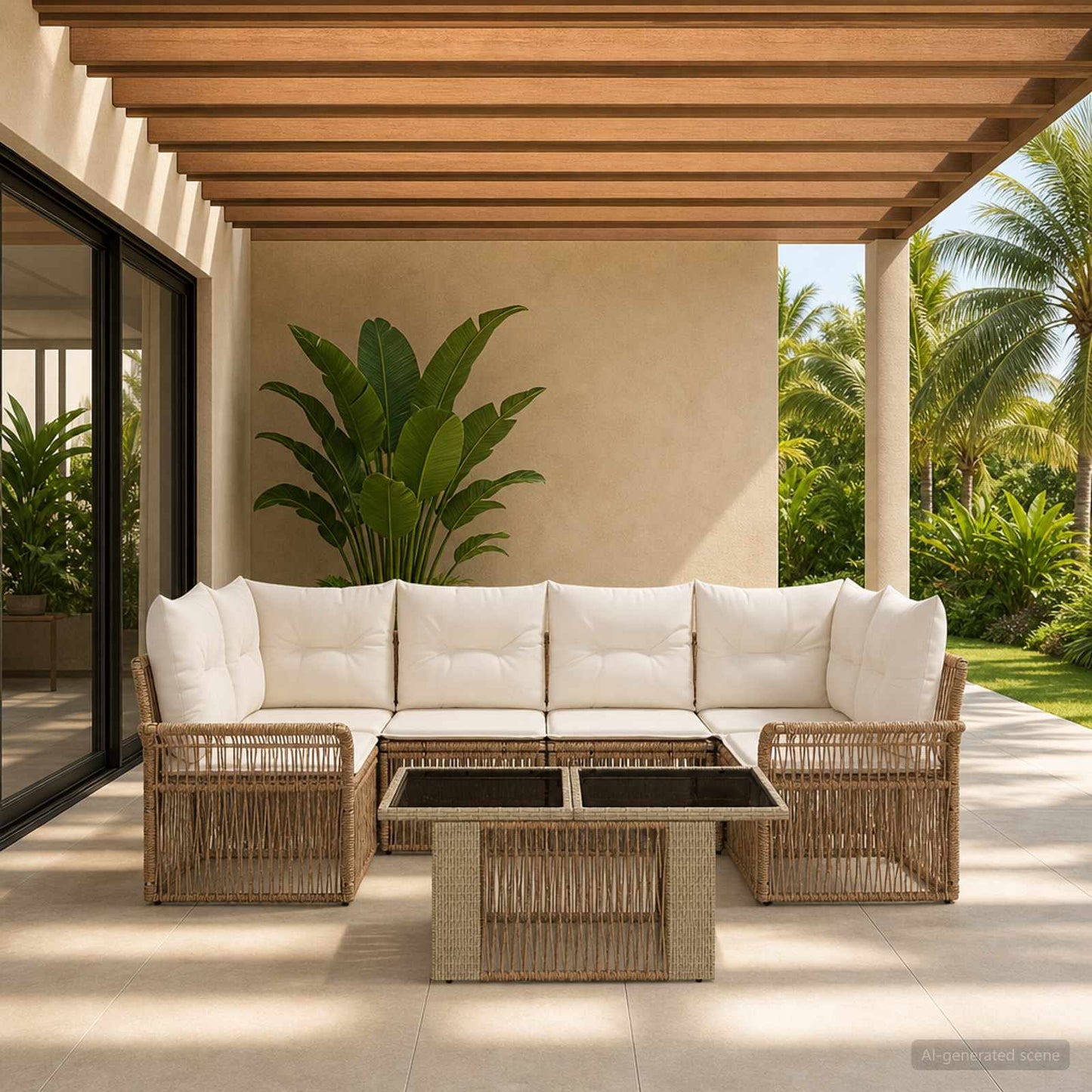 Gartensofa-set 7 stk. Beige und Cremeweiß Poly-Rattan