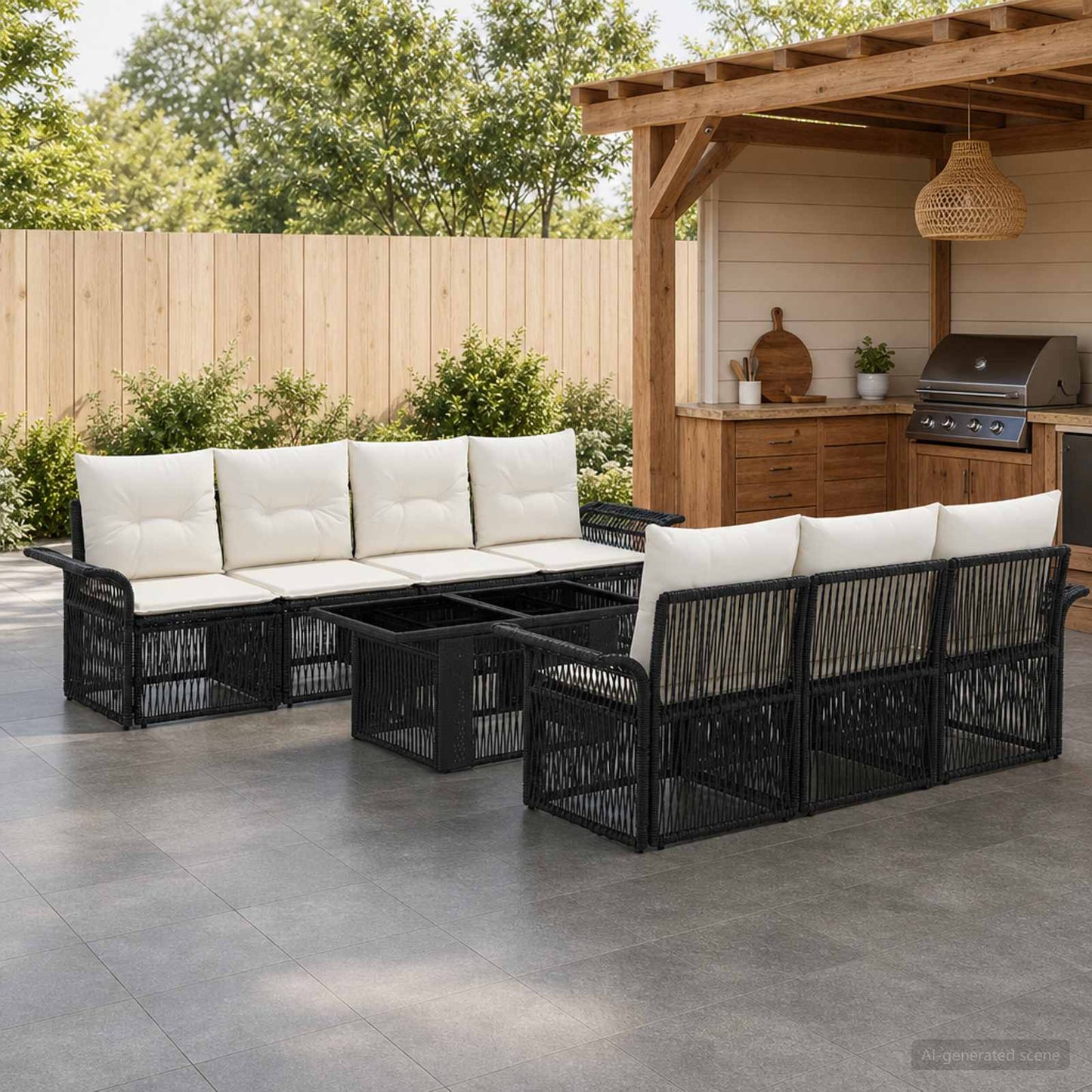 Gartensofa-set 8 stk. Schwarz und Cremeweiß Poly-Rattan