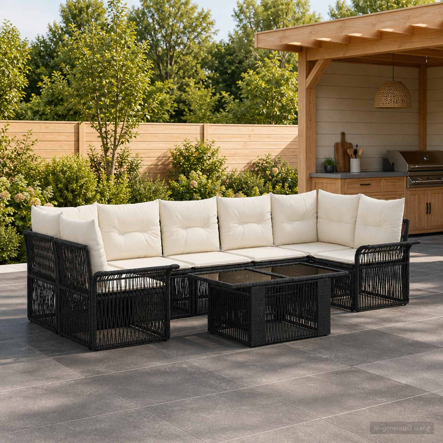 Gartensofa-set 8 stk. Schwarz und Cremeweiß Poly-Rattan