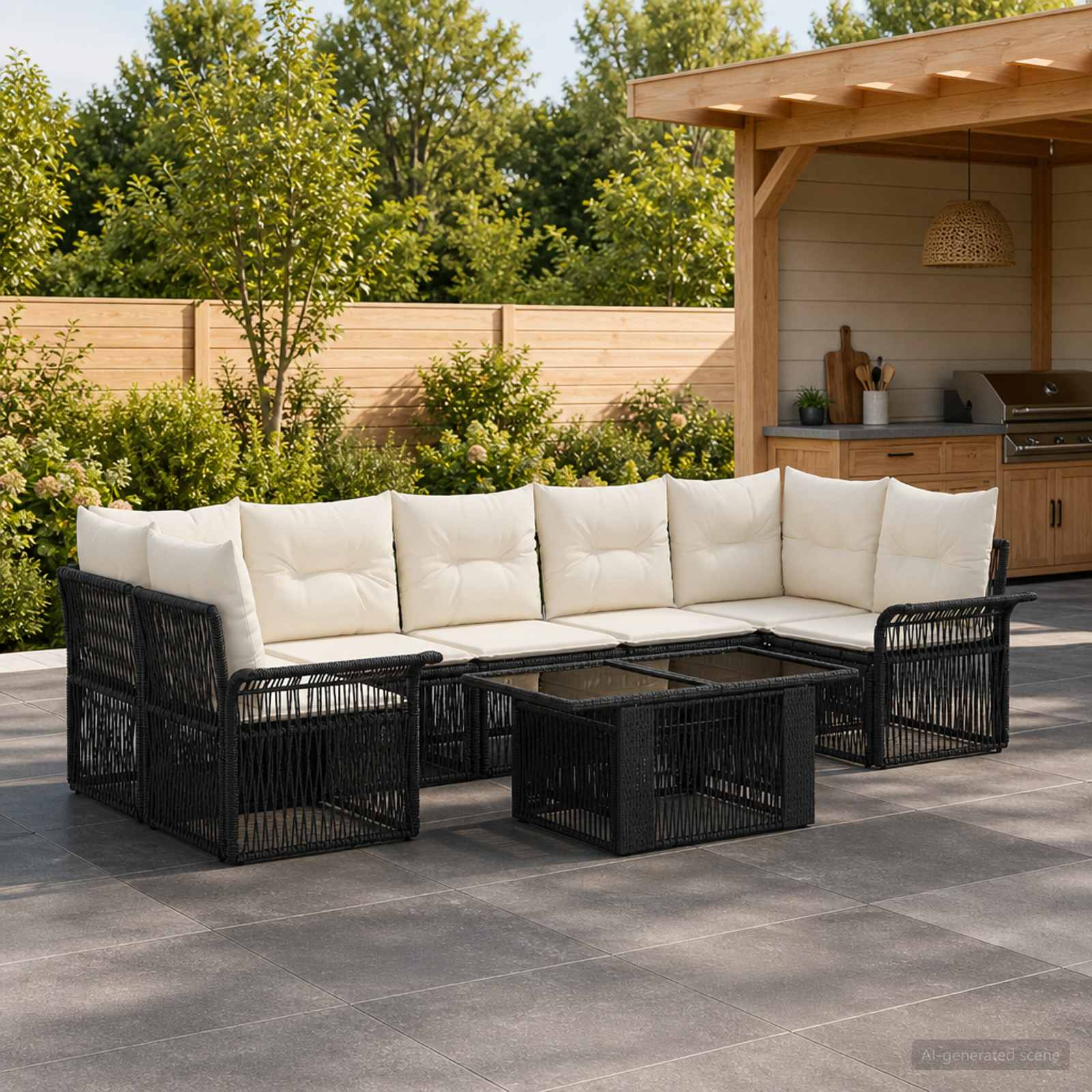Gartensofa-set 8 stk. Schwarz und Cremeweiß Poly-Rattan