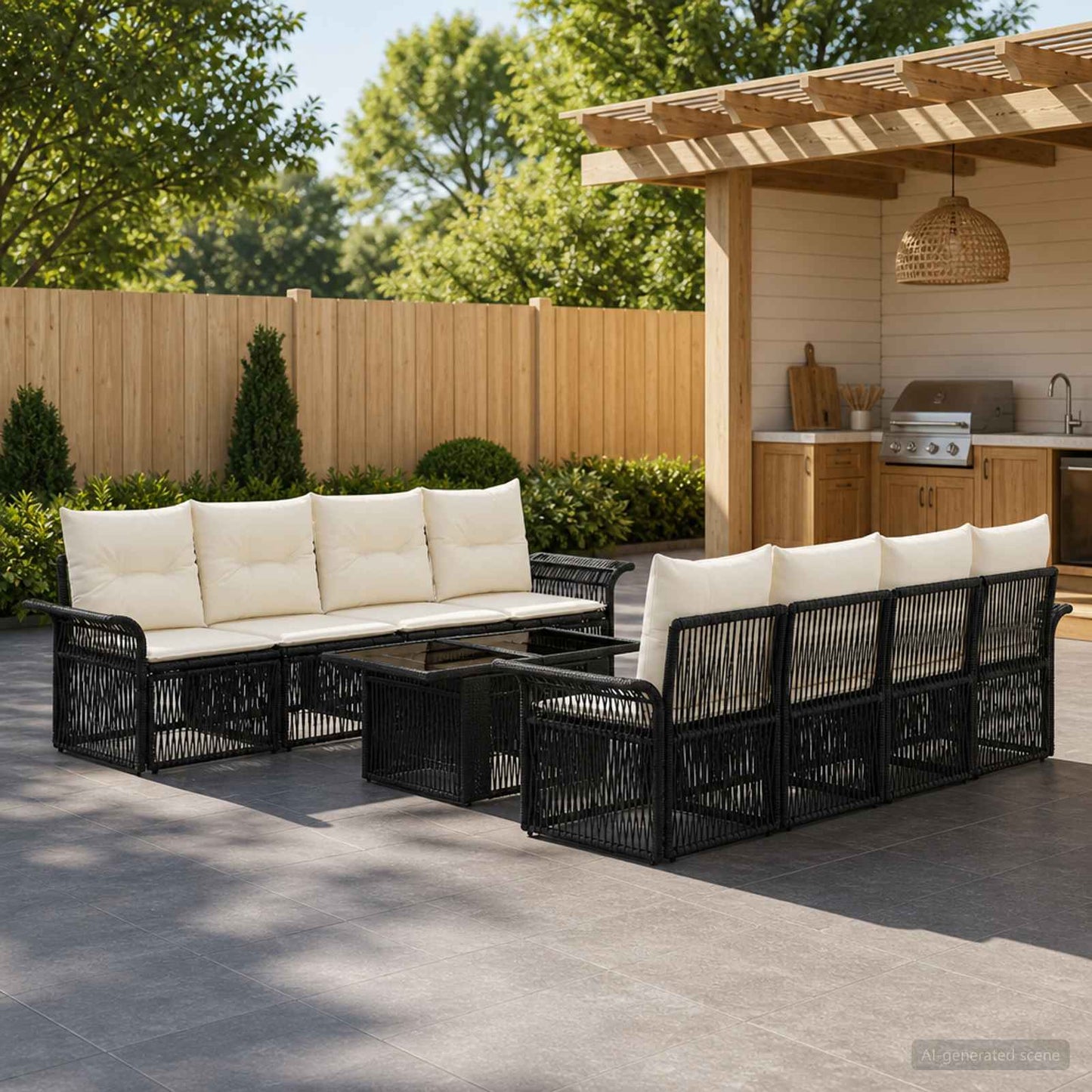 Gartensofa-set 9 stk. Schwarz und Cremeweiß Poly-Rattan