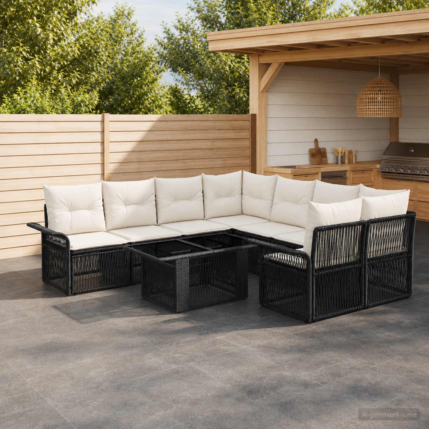 Gartensofa-set 9 stk. Schwarz und Cremeweiß Poly-Rattan