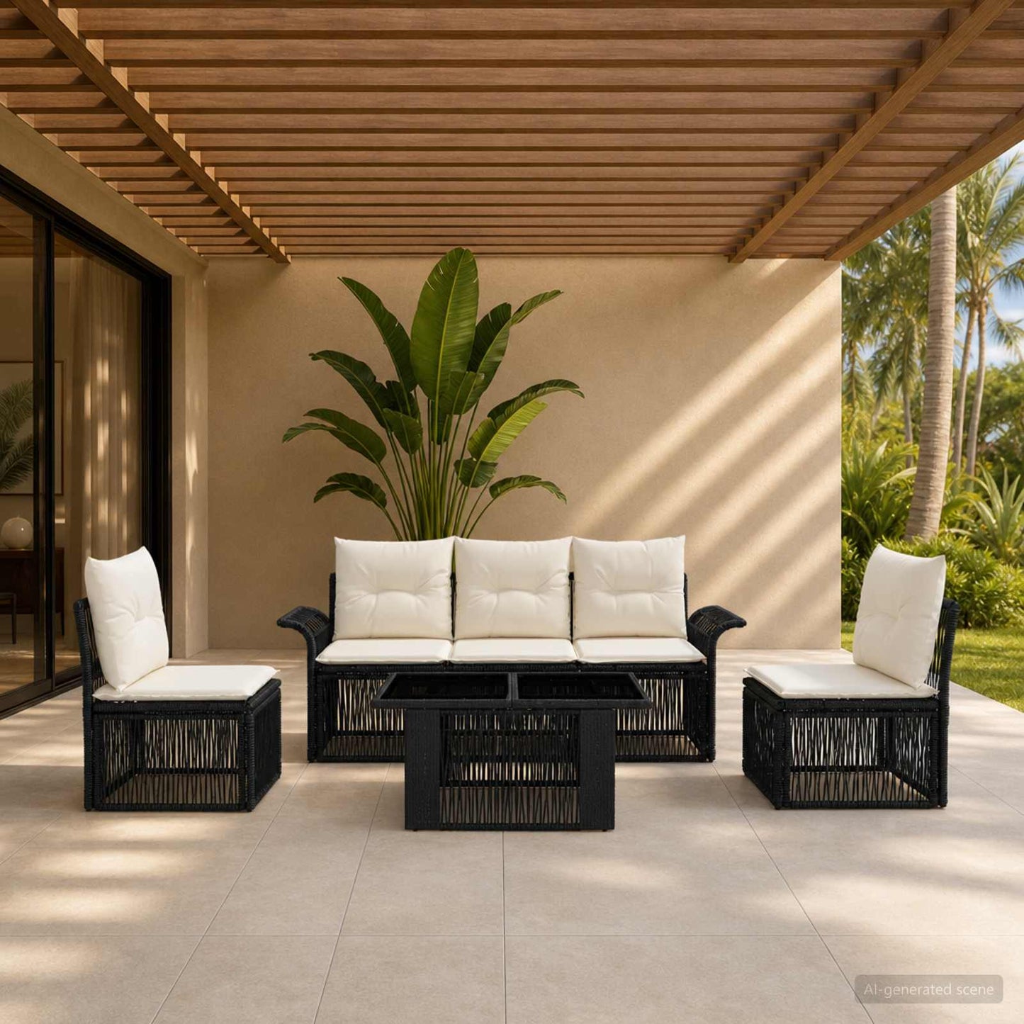 Gartensofa-set 6 stk. Schwarz und Cremeweiß Poly-Rattan
