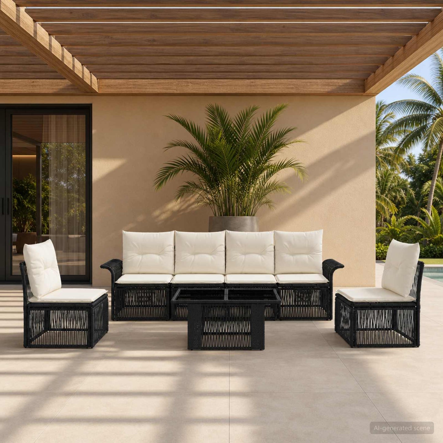 Gartensofa-set 7 stk. Schwarz und Cremeweiß Poly-Rattan