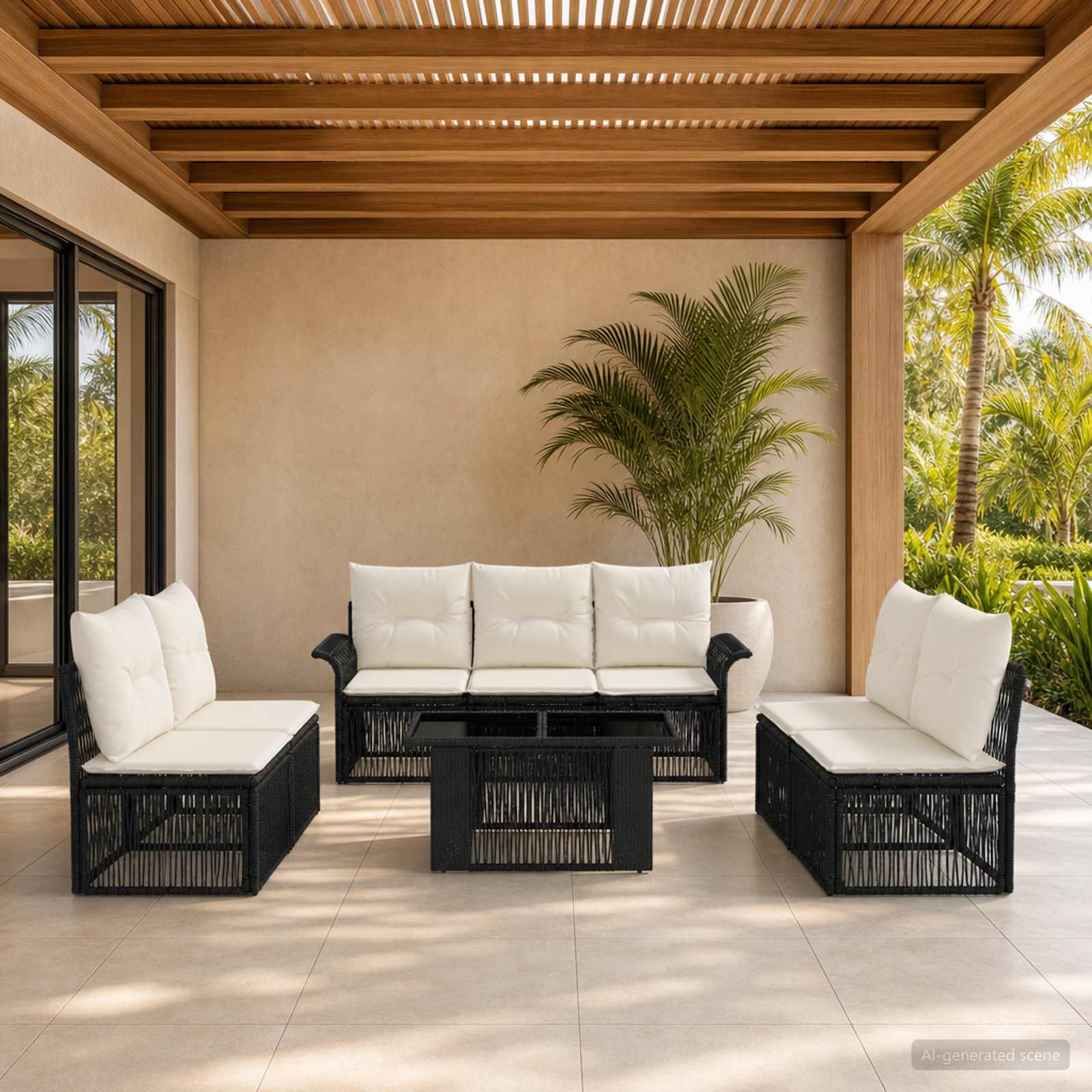 Gartensofa-set 8 stk. Schwarz und Cremeweiß Poly-Rattan
