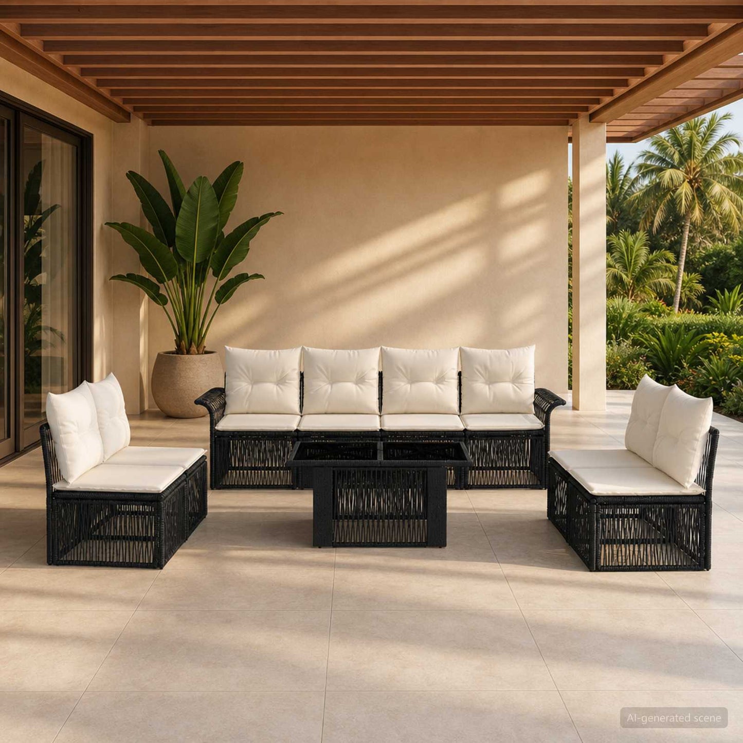 Gartensofa-set 9 stk. Schwarz und Cremeweiß Poly-Rattan