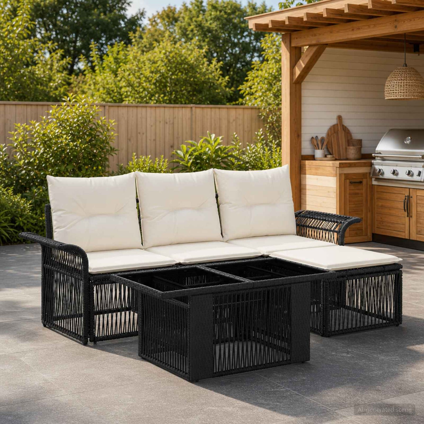 Gartensofa-set 5 stk. Schwarz und Cremeweiß Poly-Rattan