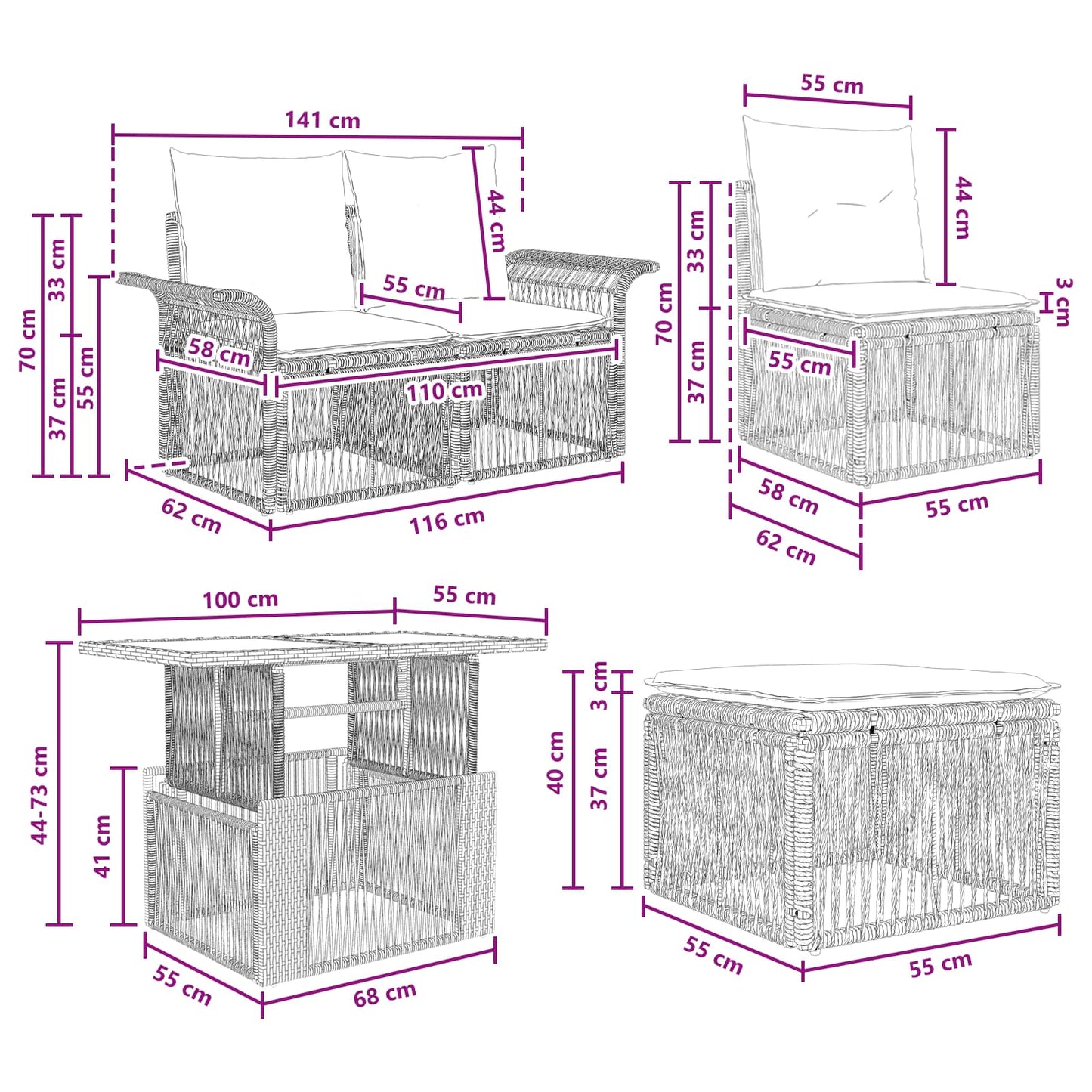 Gartensofa-set 6 stk. Schwarz und Cremeweiß Poly-Rattan