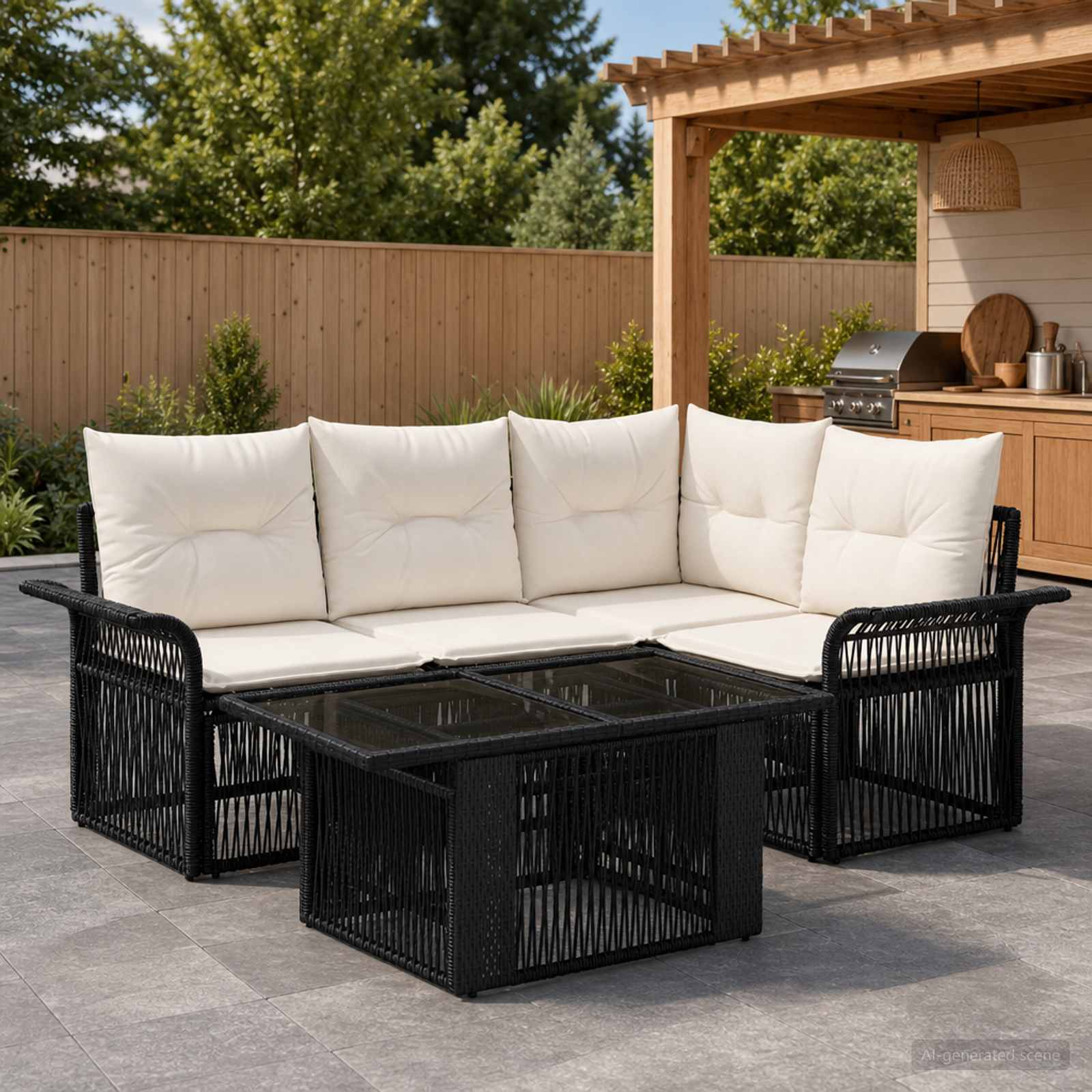 Gartensofa-set 5 stk. Schwarz und Cremeweiß Poly-Rattan