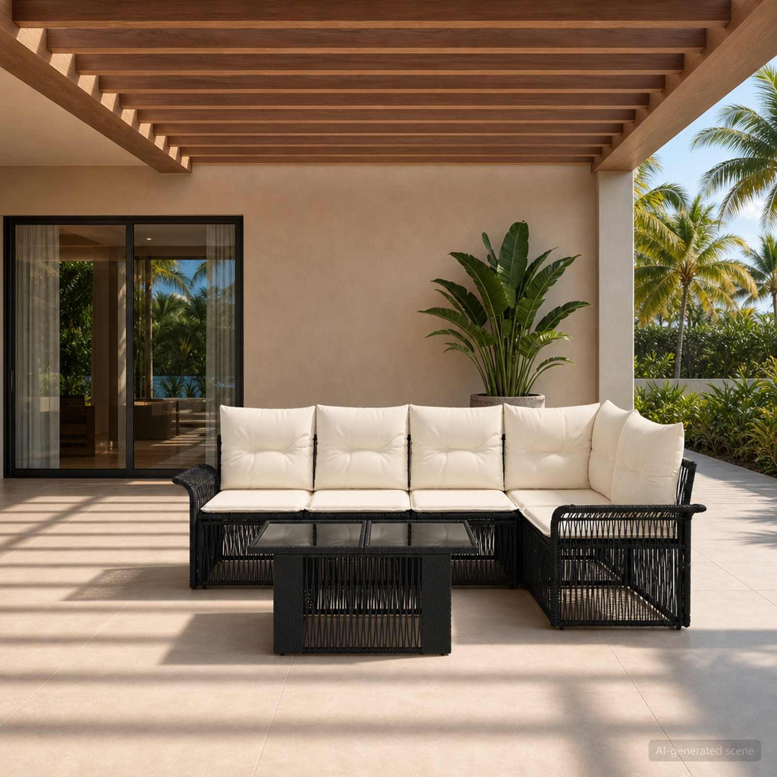 Gartensofa-set 6 stk. Schwarz und Cremeweiß Poly-Rattan