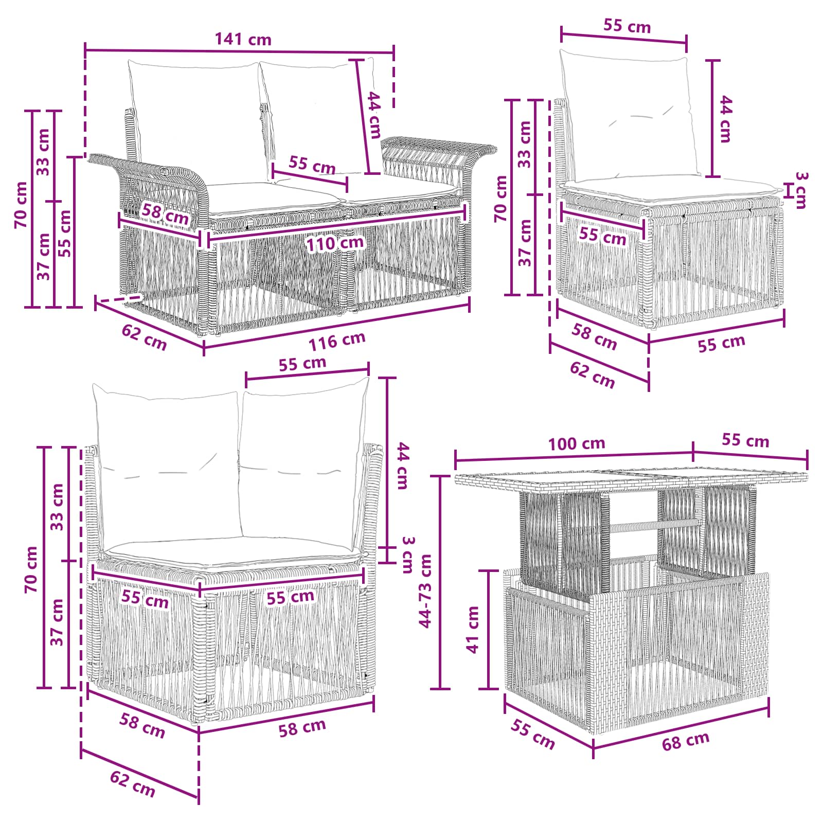 Gartensofa-set 6 stk. Schwarz und Cremeweiß Poly-Rattan
