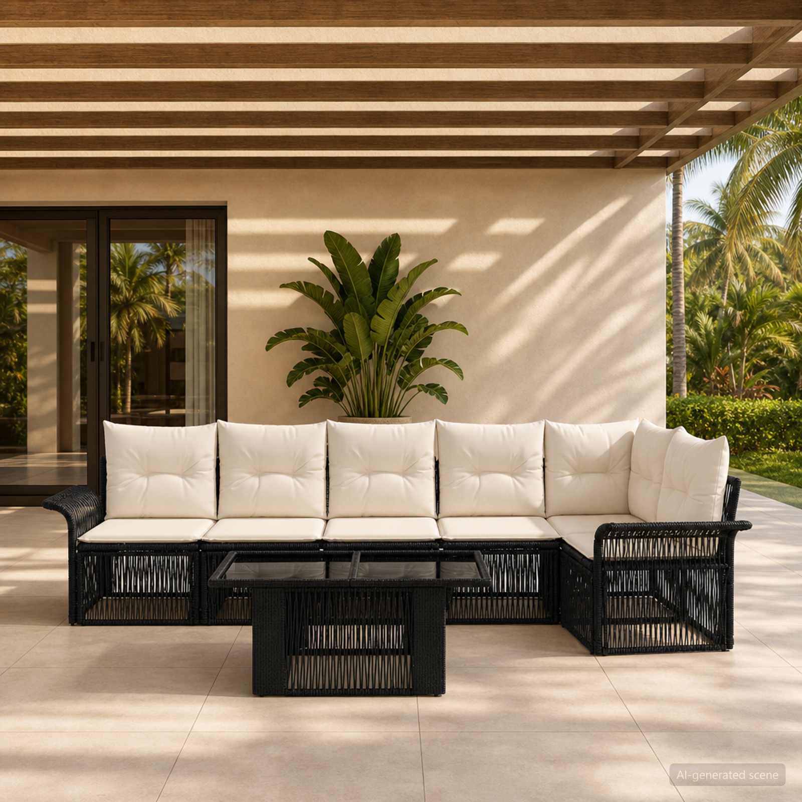 Gartensofa-set 7 stk. Schwarz und Cremeweiß Poly-Rattan