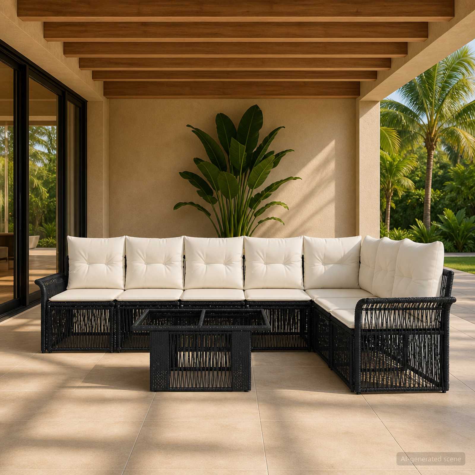 Gartensofa-set 8 stk. Schwarz und Cremeweiß Poly-Rattan