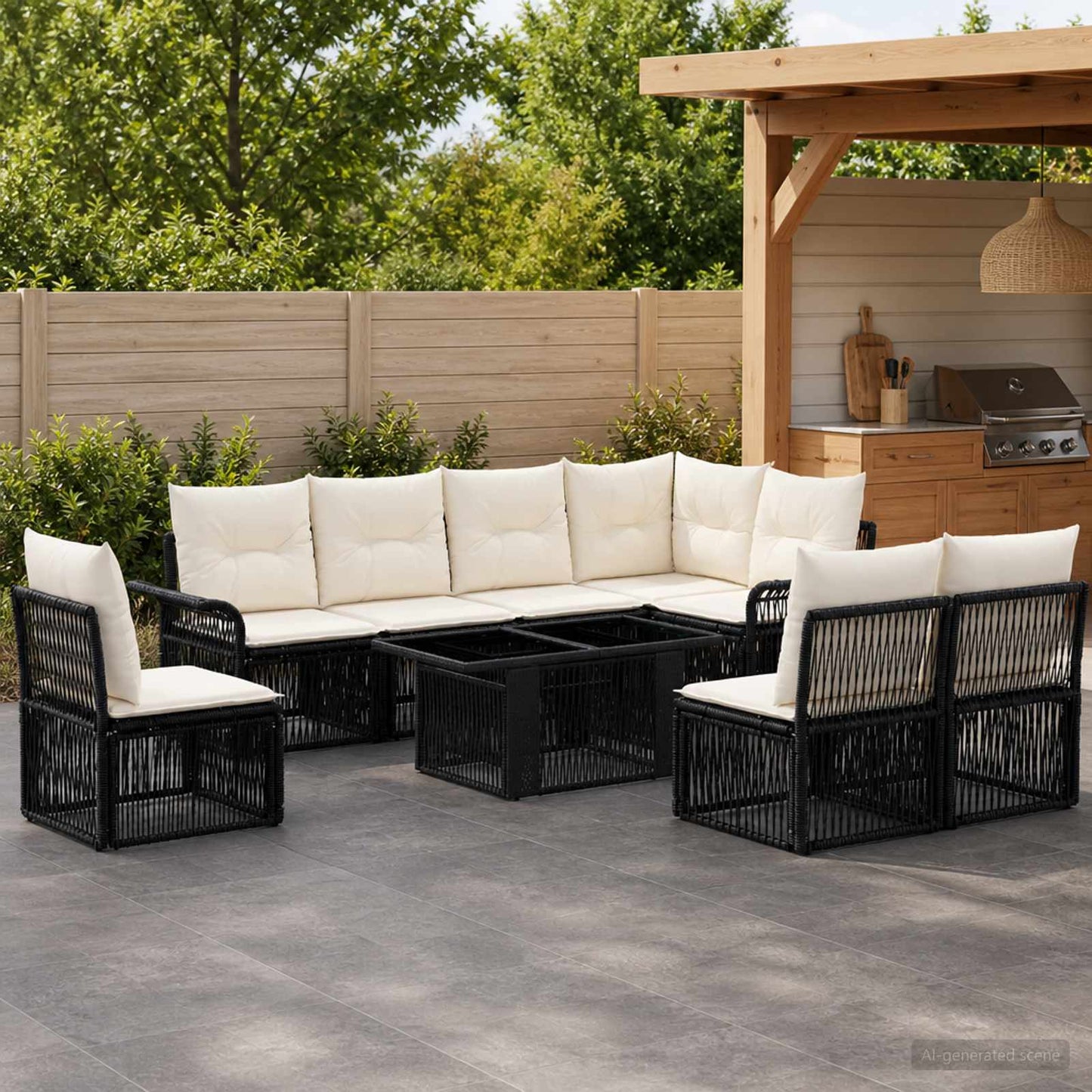 Gartensofa-set 9 stk. Schwarz und Cremeweiß Poly-Rattan