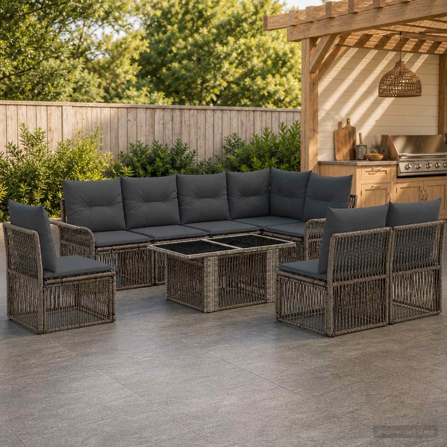 Gartensofa-set 9 stk. Grau und Dunkelgrau Poly-Rattan