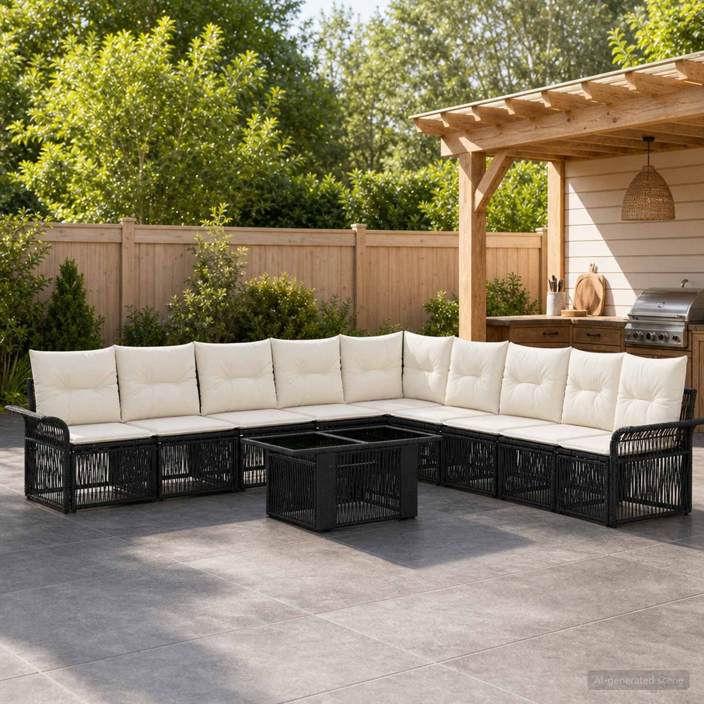 Gartensofa-set 10 stk. Schwarz und Cremeweiß Poly-Rattan