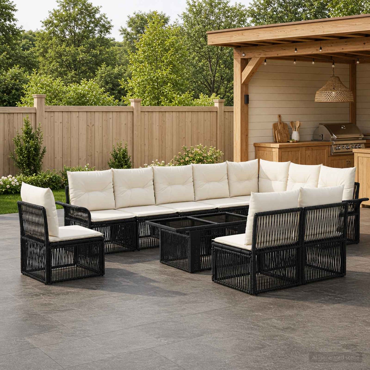 Gartensofa-set 11 stk. Schwarz und Cremeweiß Poly-Rattan