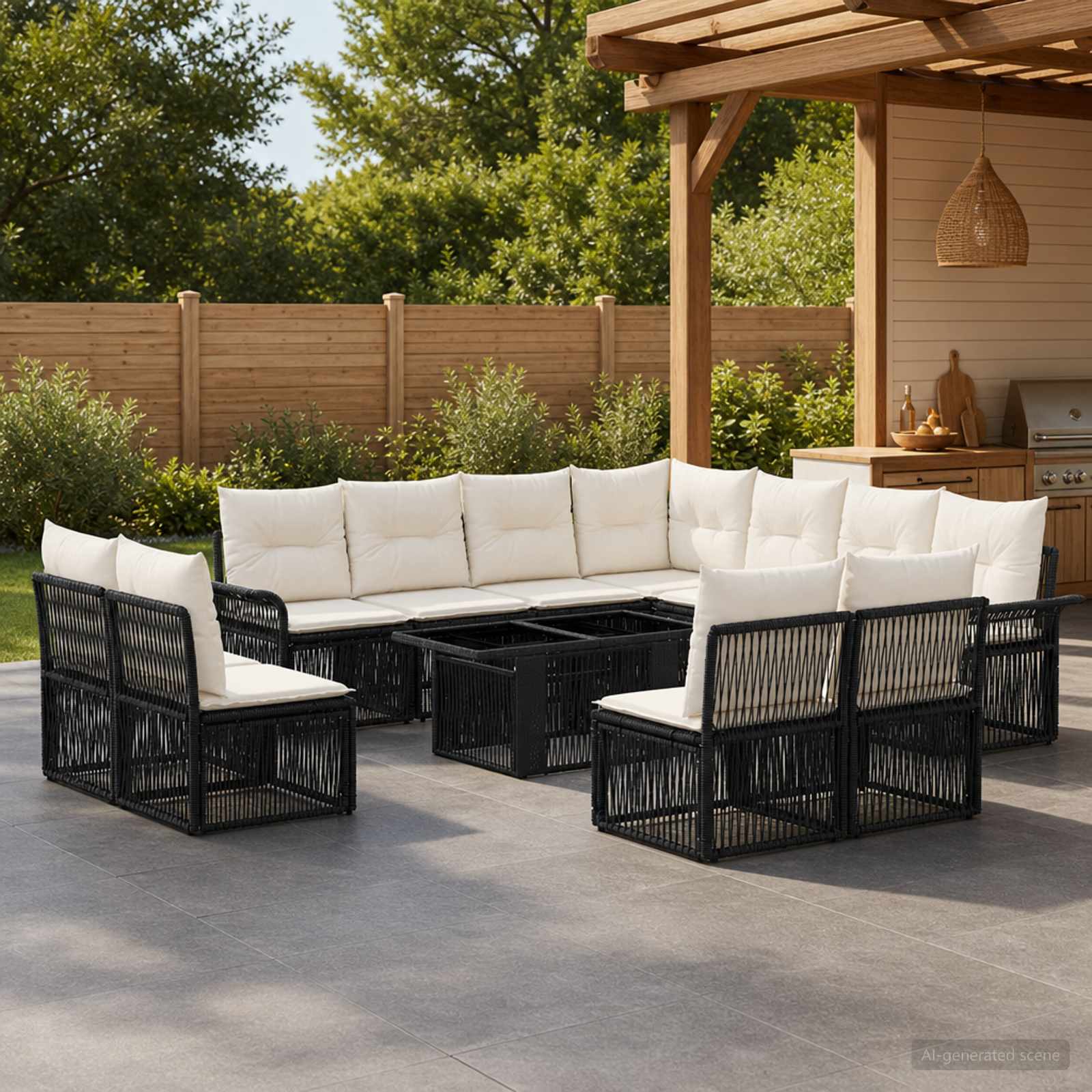 Gartensofa-set 12 stk. Schwarz und Cremeweiß Poly-Rattan