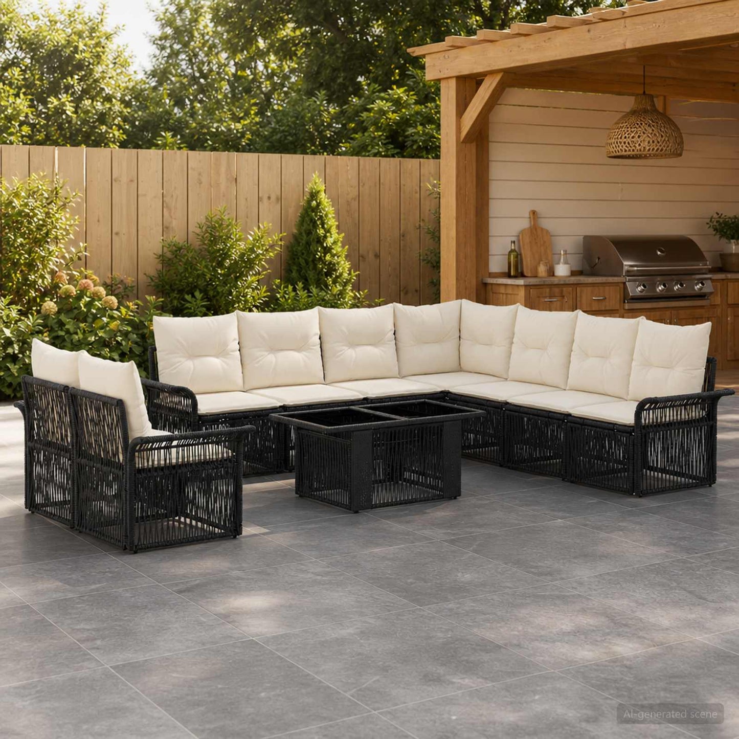 Gartensofa-set 10 stk. Schwarz und Cremeweiß Poly-Rattan