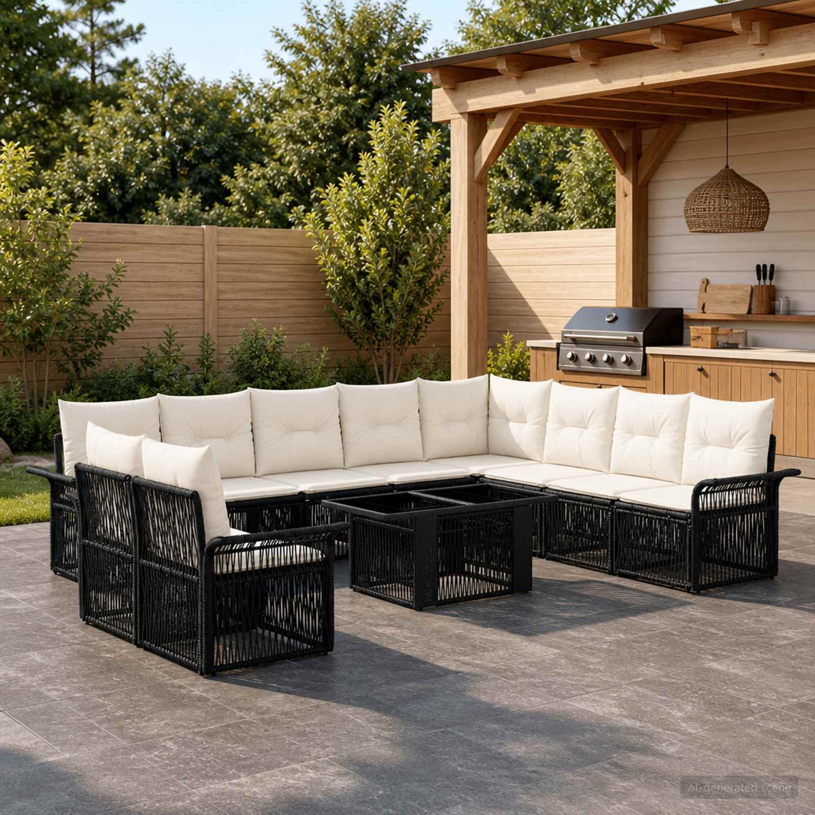 Gartensofa-set 11 stk. Schwarz und Cremeweiß Poly-Rattan