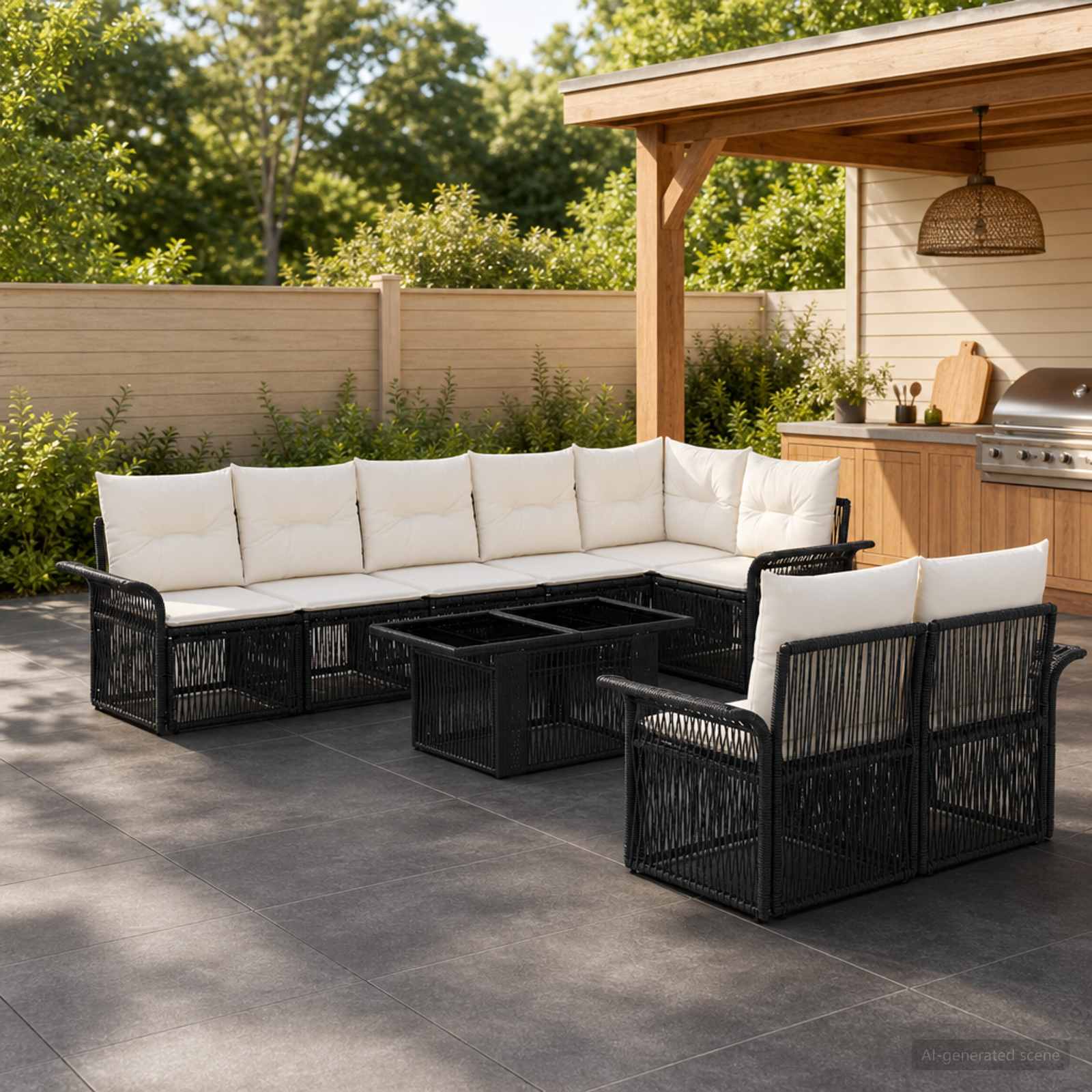 Gartensofa-set 9 stk. Schwarz und Cremeweiß Poly-Rattan