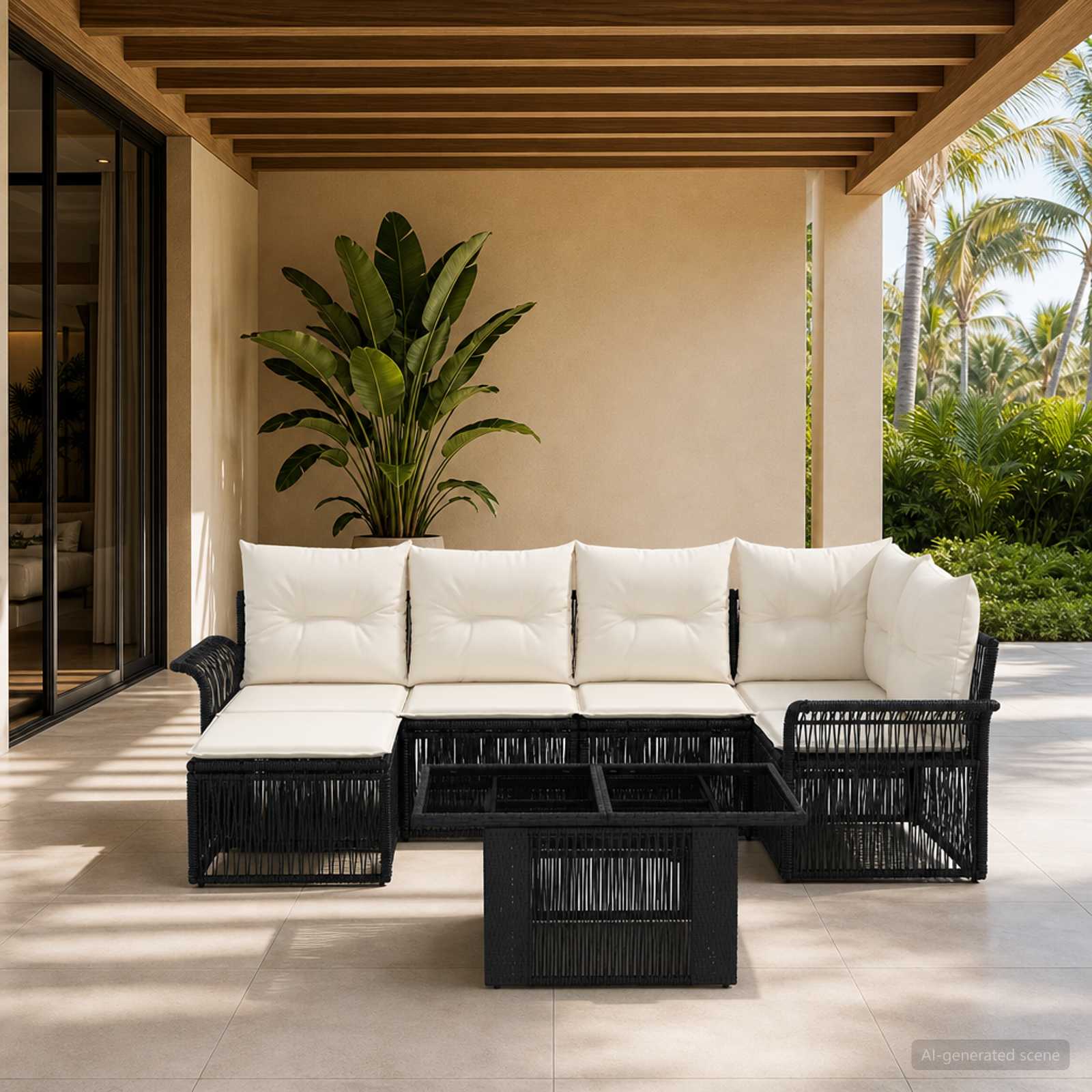 Gartensofa-set 7 stk. Schwarz und Cremeweiß Poly-Rattan