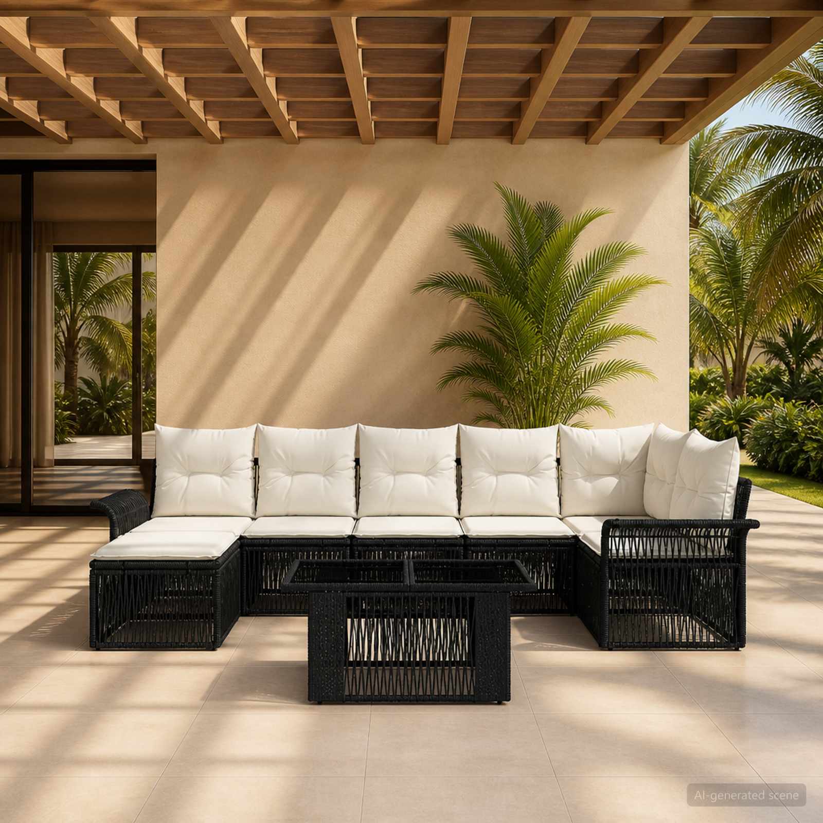 Gartensofa-set 8 stk. Schwarz und Cremeweiß Poly-Rattan