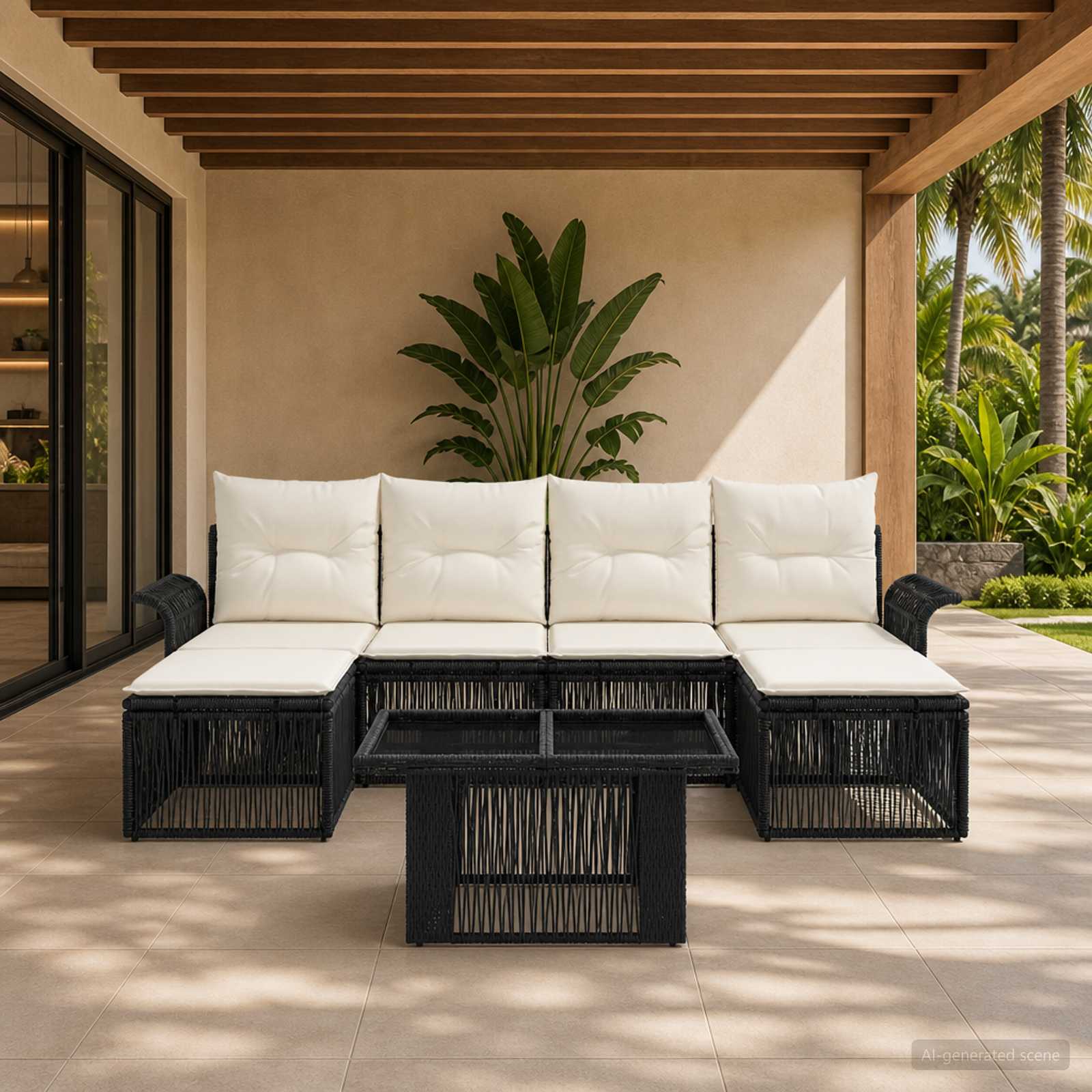Gartensofa-set 7 stk. Schwarz und Cremeweiß Poly-Rattan