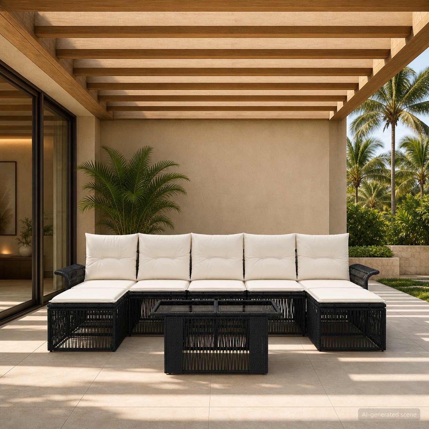 Gartensofa-set 8 stk. Schwarz und Cremeweiß Poly-Rattan