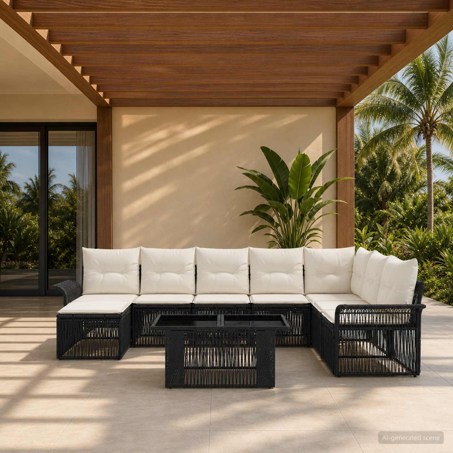 Gartensofa-set 9 stk. Schwarz und Cremeweiß Poly-Rattan