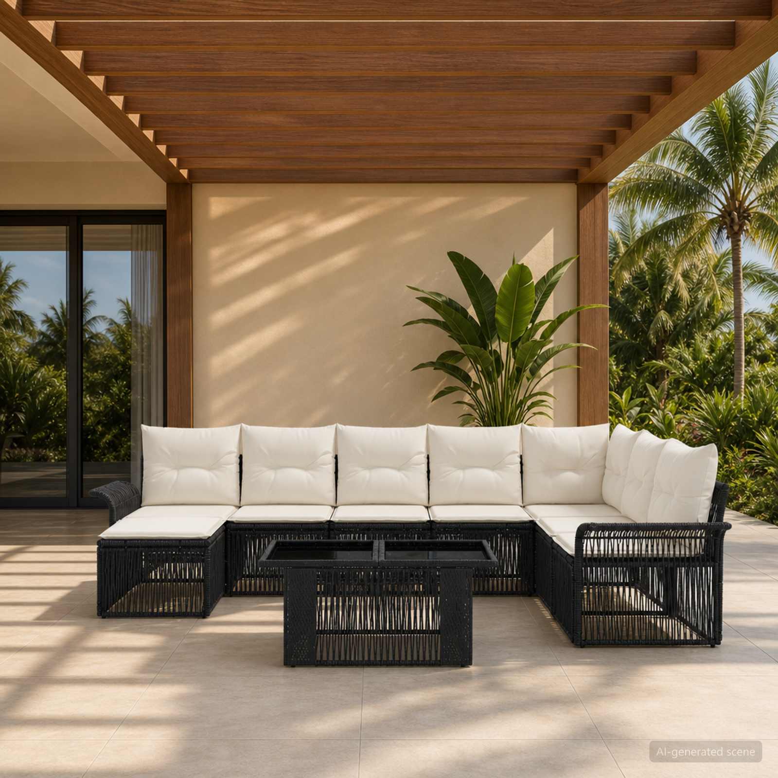 Gartensofa-set 9 stk. Schwarz und Cremeweiß Poly-Rattan