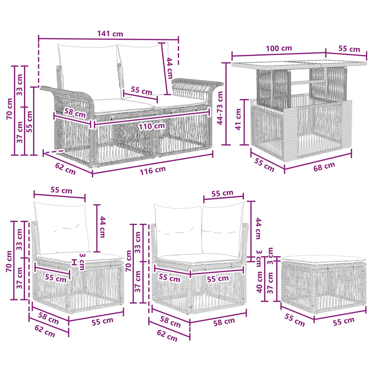 Gartensofa-set 9 stk. Schwarz und Cremeweiß Poly-Rattan
