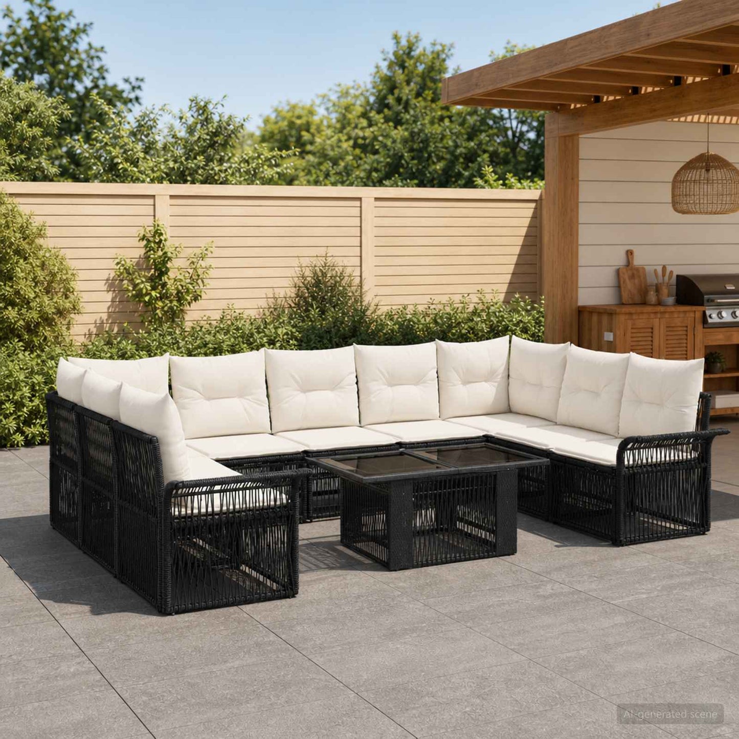 Gartensofa-set 10 stk. Schwarz und Cremeweiß Poly-Rattan