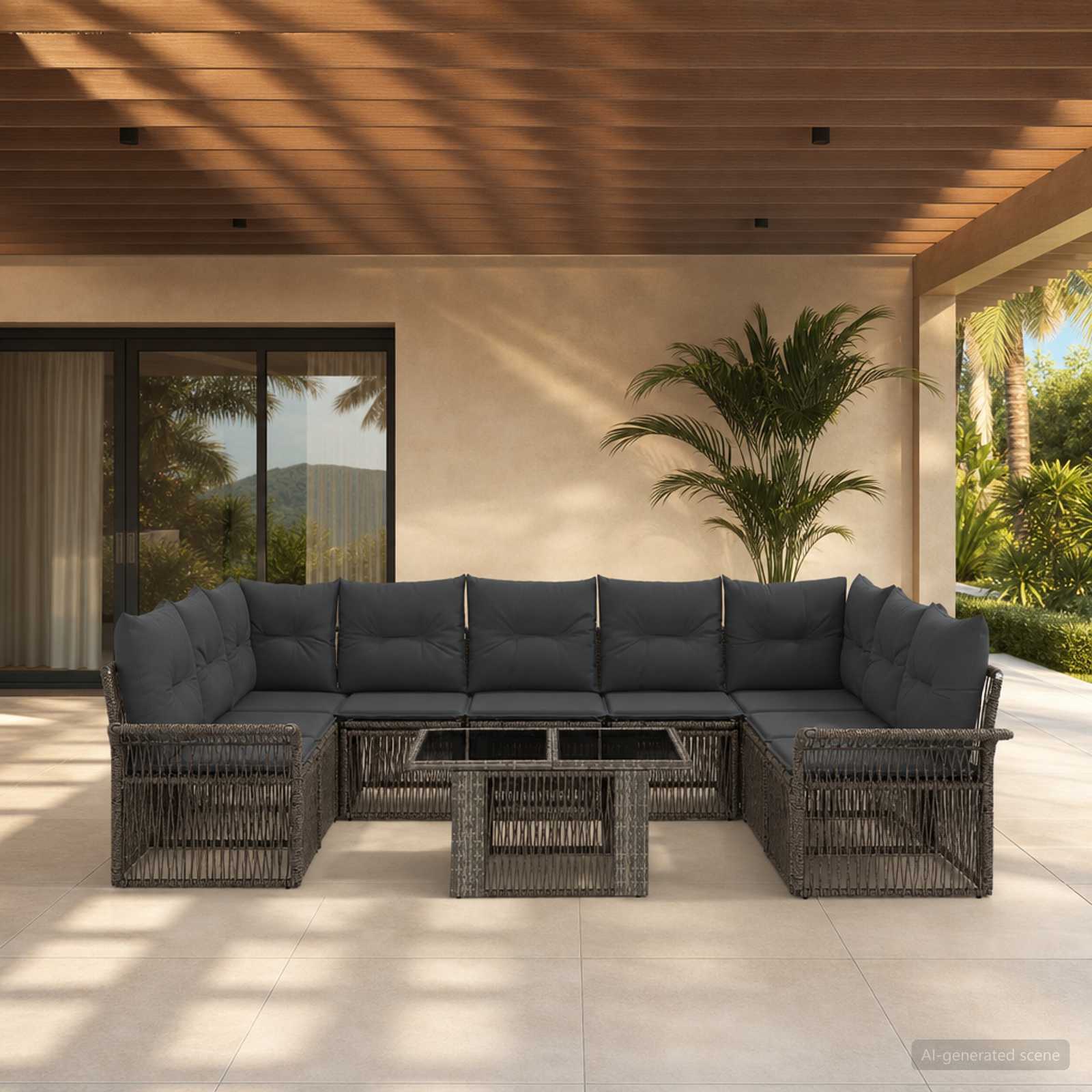 Gartensofa-set 10 stk. Grau und Dunkelgrau Poly-Rattan