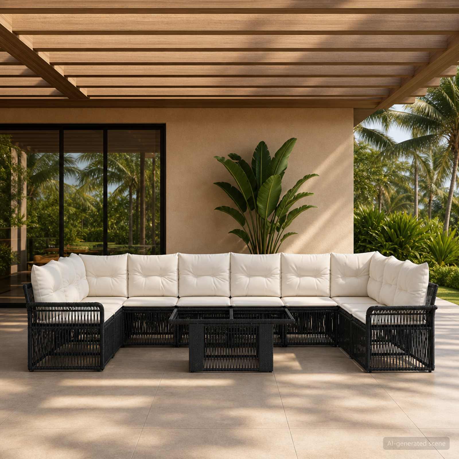 Gartensofa-set 11 stk. Schwarz und Cremeweiß Poly-Rattan