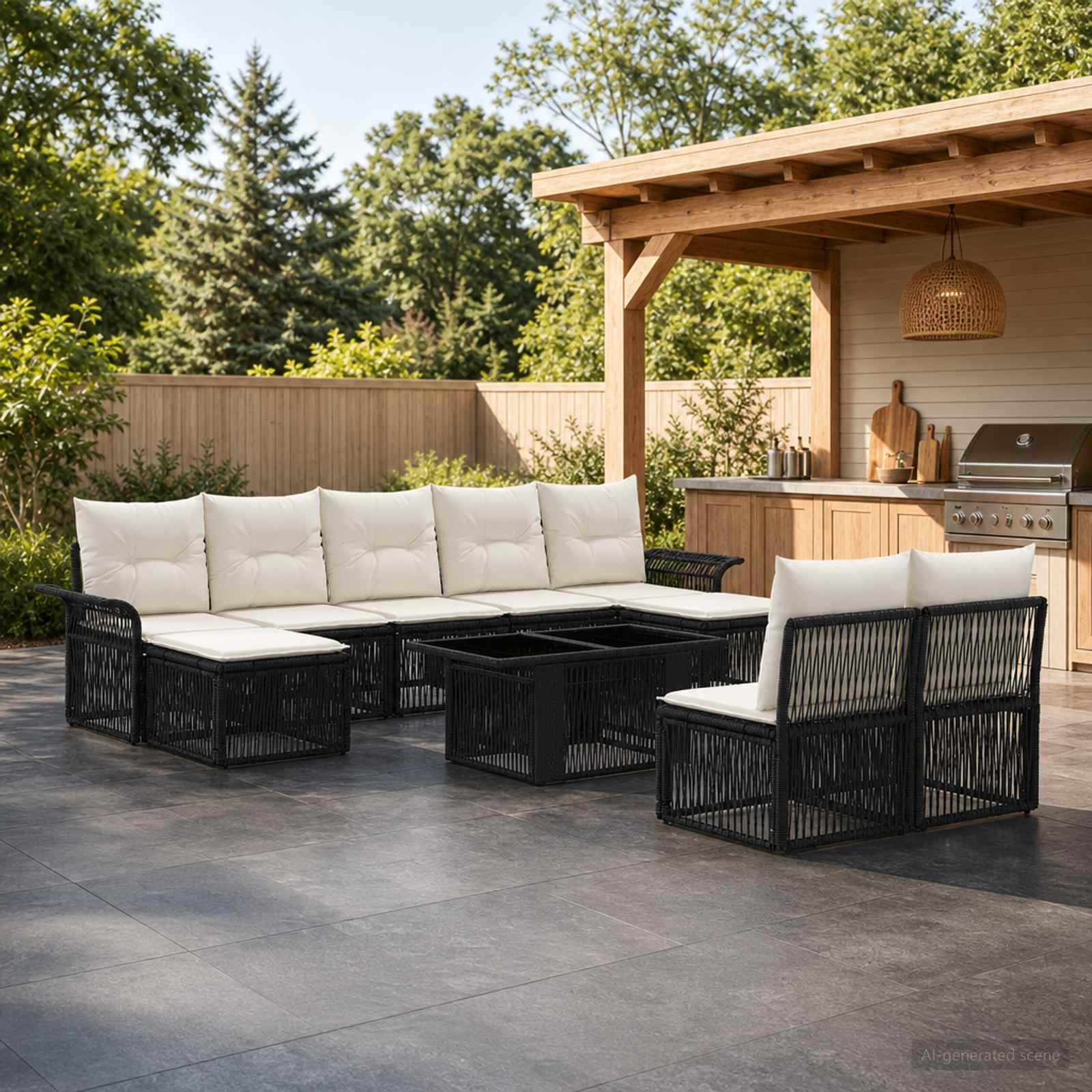 Gartensofa-set 10 stk. Schwarz und Cremeweiß Poly-Rattan