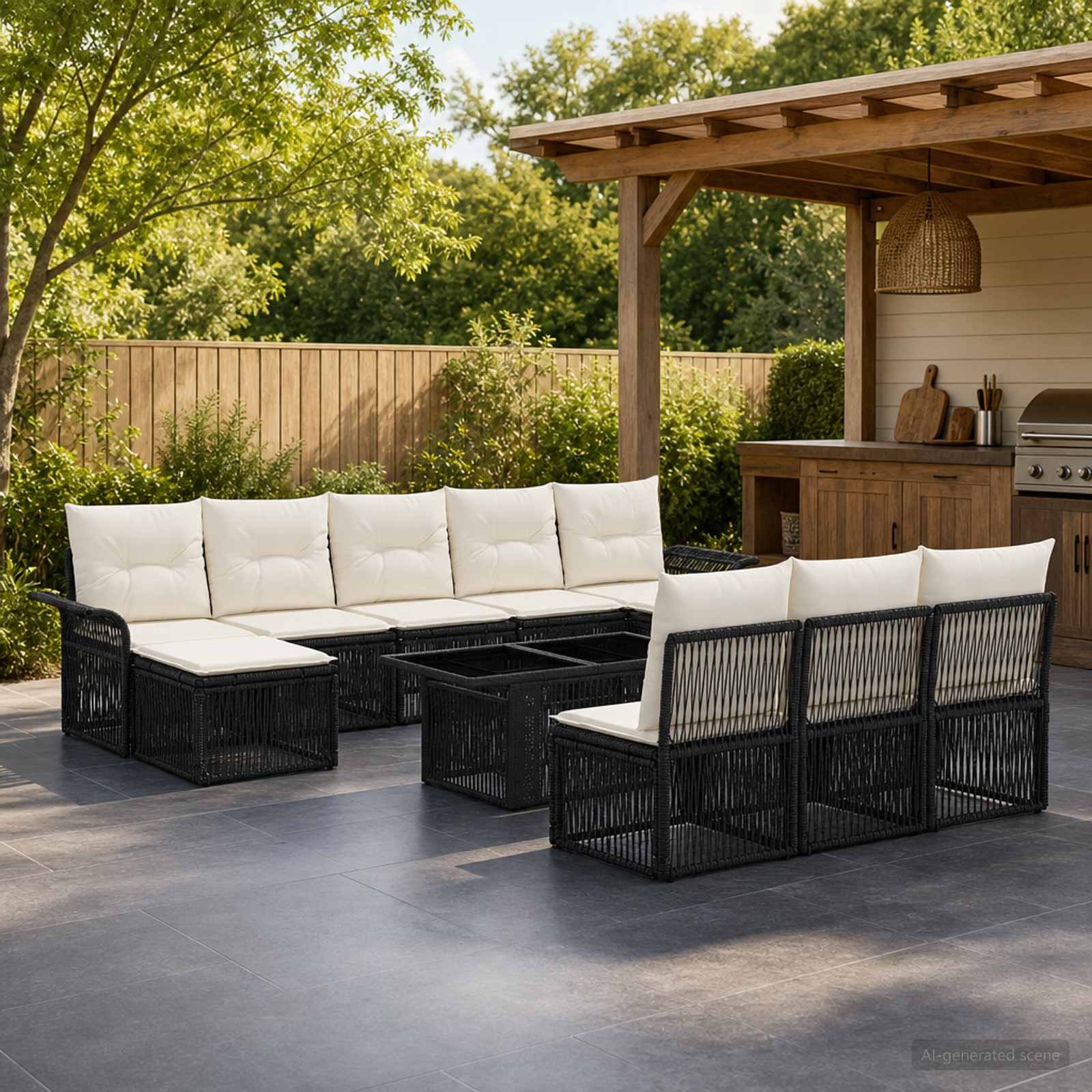 Gartensofa-set 11 stk. Schwarz und Cremeweiß Poly-Rattan