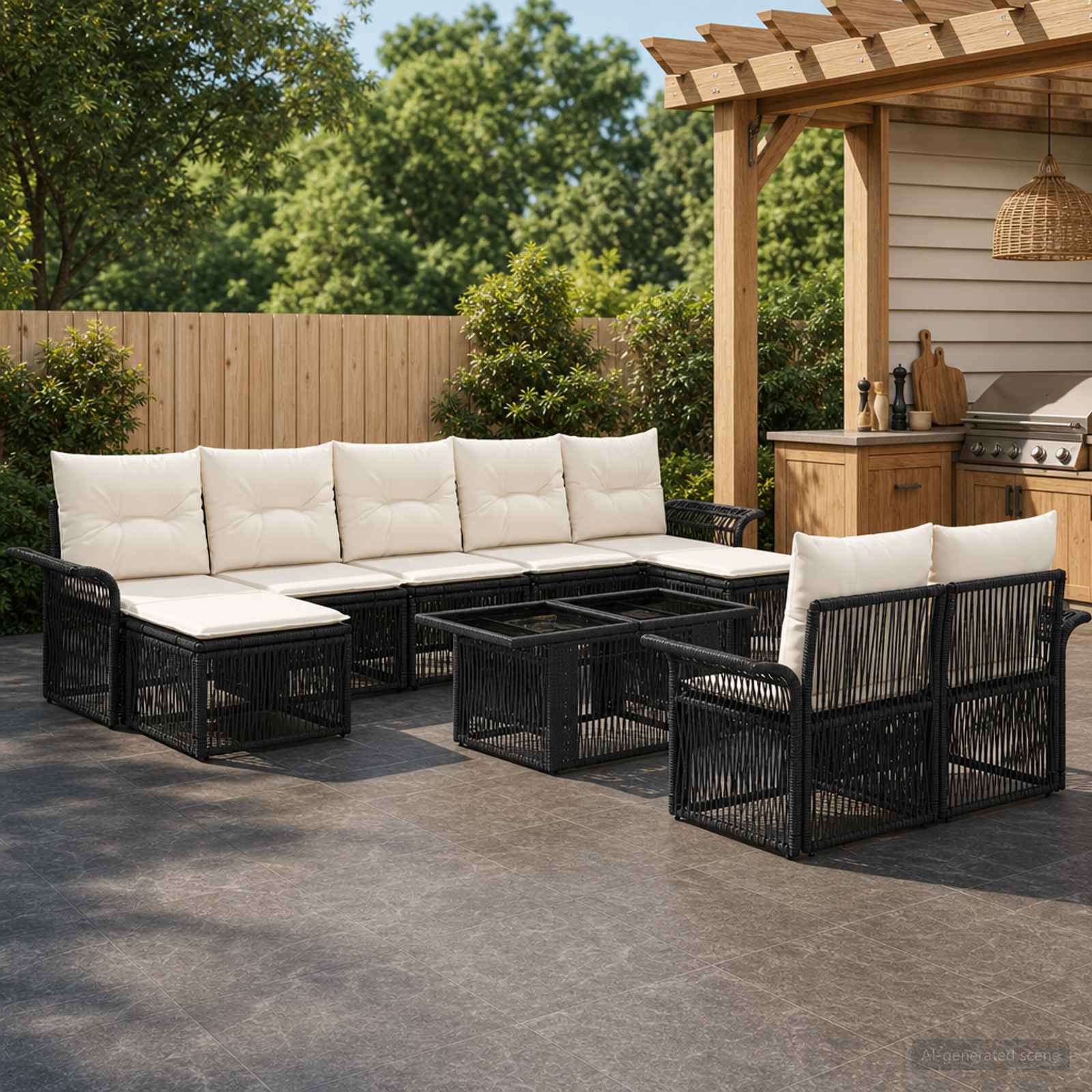 Gartensofa-set 10 stk. Schwarz und Cremeweiß Poly-Rattan