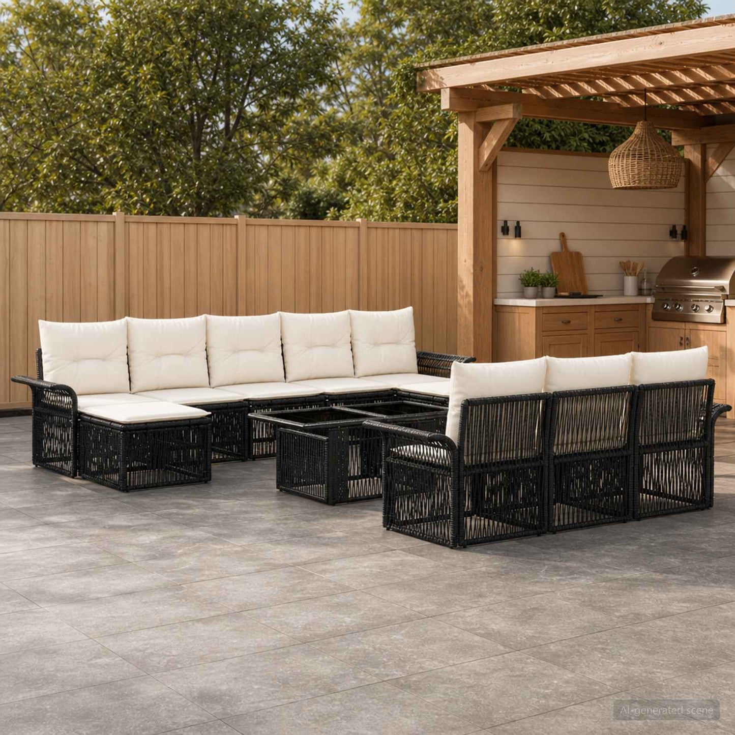 Gartensofa-set 11 stk. Schwarz und Cremeweiß Poly-Rattan