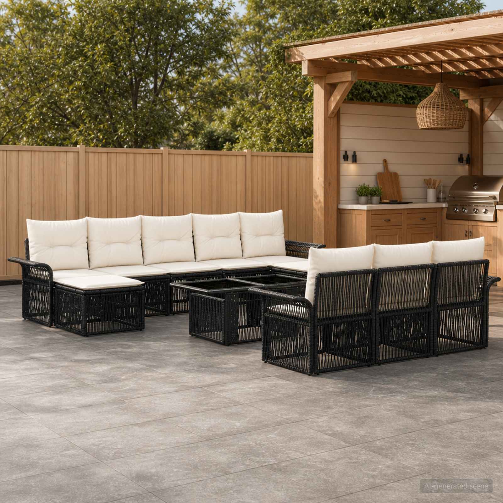 Gartensofa-set 11 stk. Schwarz und Cremeweiß Poly-Rattan