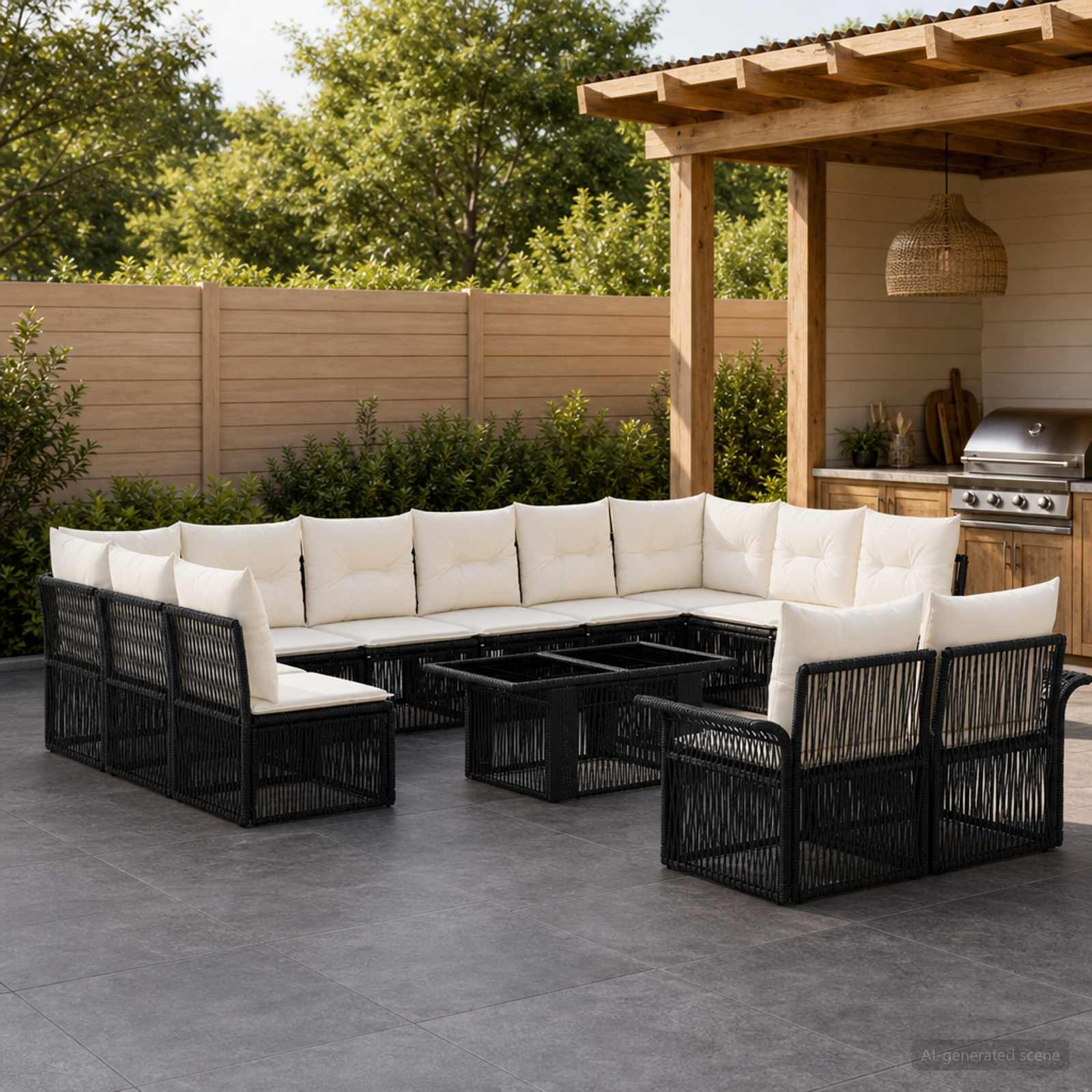 Gartensofa-set 13 stk. Schwarz und Cremeweiß Poly-Rattan