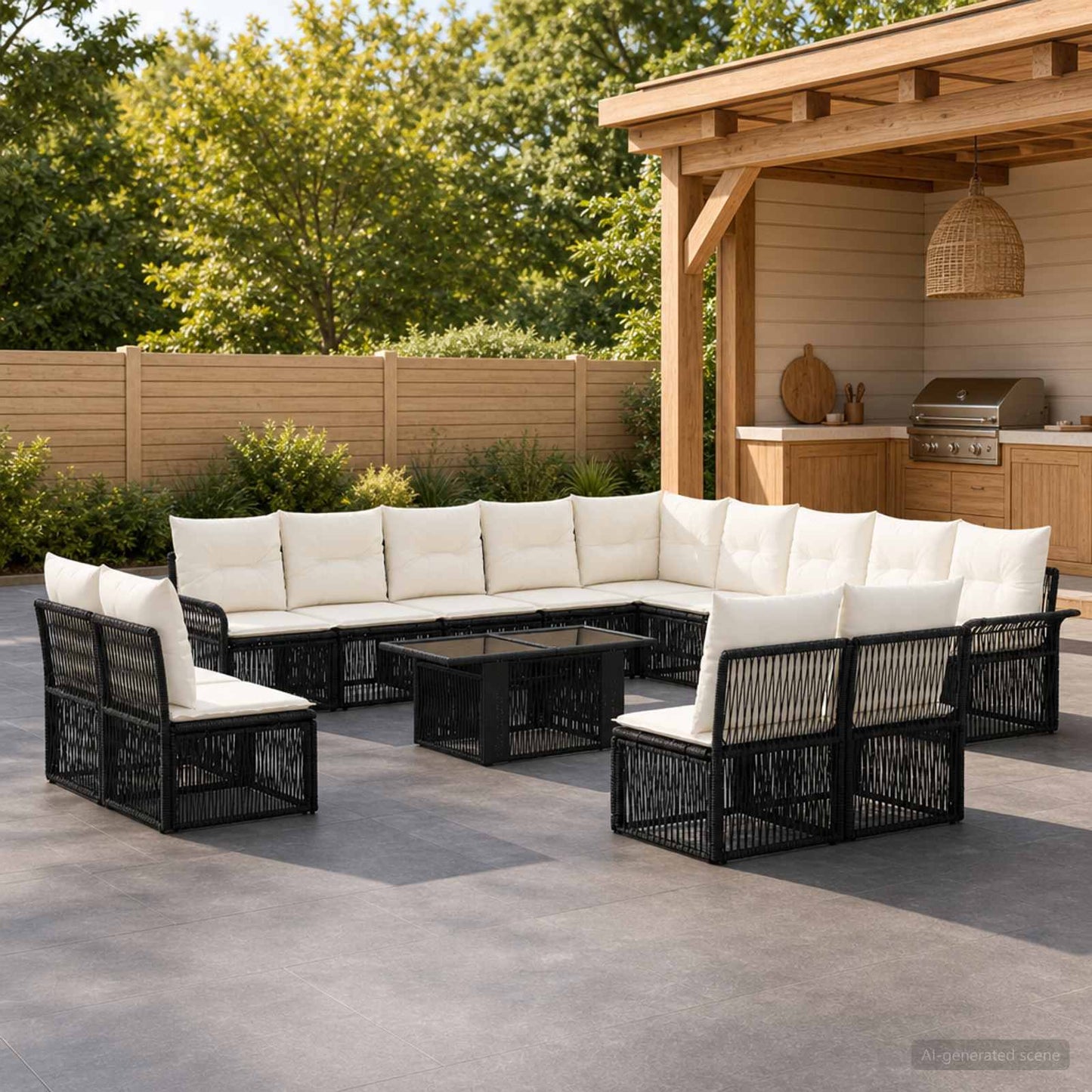 Gartensofa-set 14 stk. Schwarz und Cremeweiß Poly-Rattan